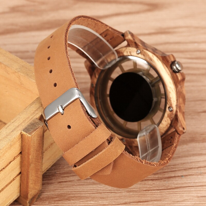 Modern Natural Wood Men’s Sport Quartz Wrist Watch Black Brown Leather Band Gift