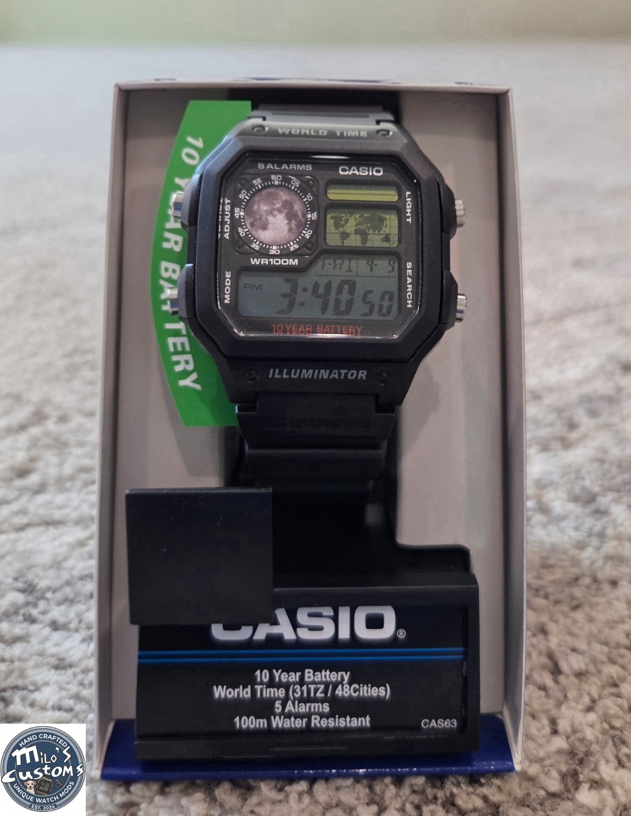 Casio World Time Digital Watch Black Resin 10 Year Battery WR100M Box Manual