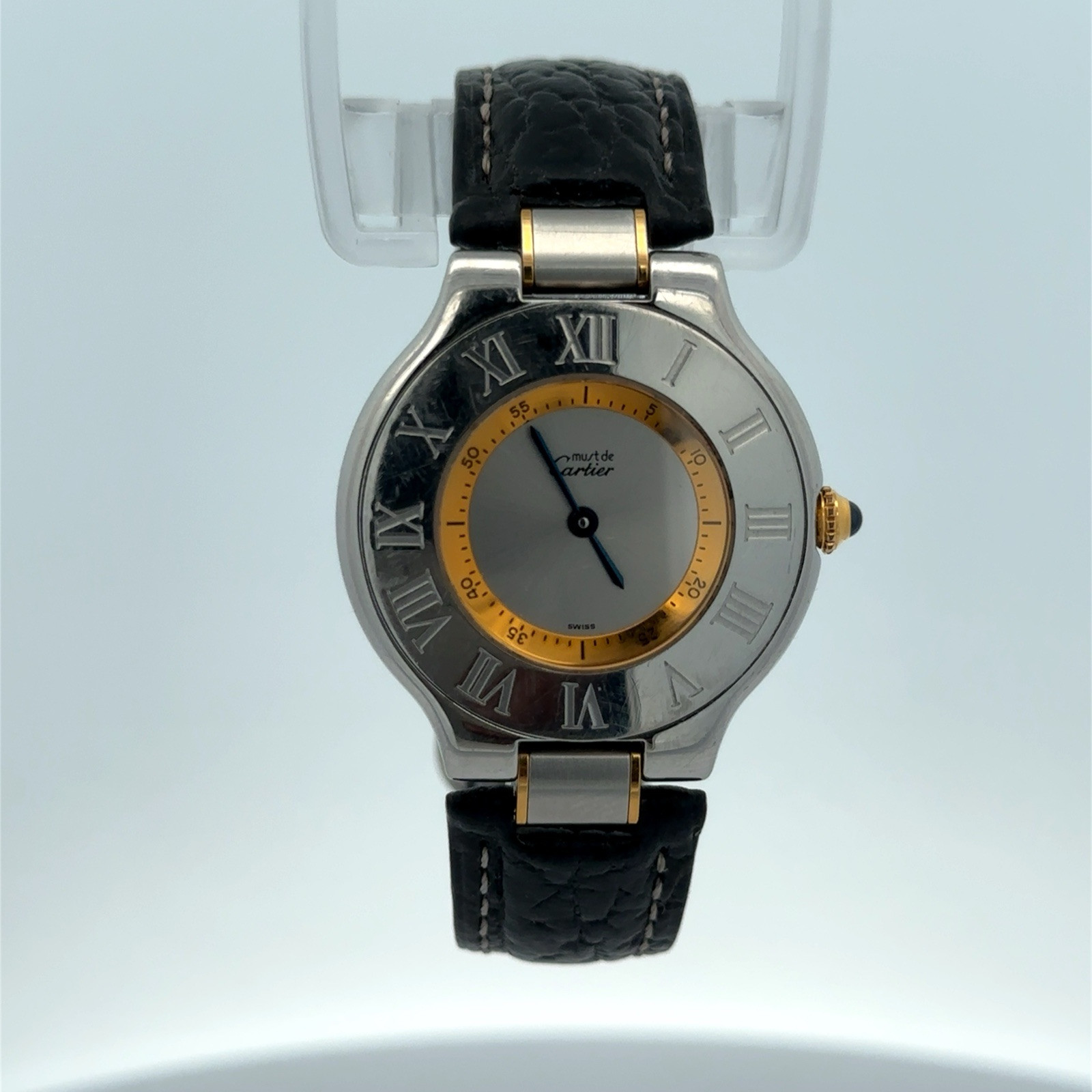 Cartier Must de Cartier 21 w/ Black Leather Band Stainless Steel Two Tone