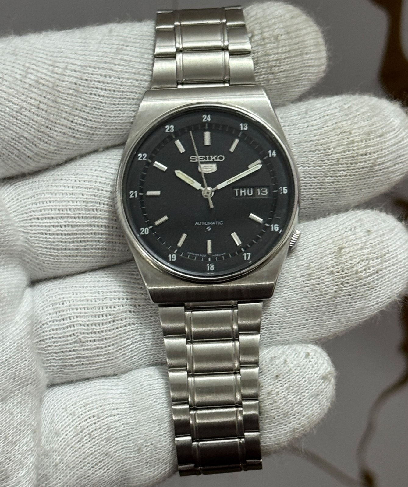 Seiko 5 Men’s Automatic Black Dial Day/Date 24H SS Bracelet Excellent Condition