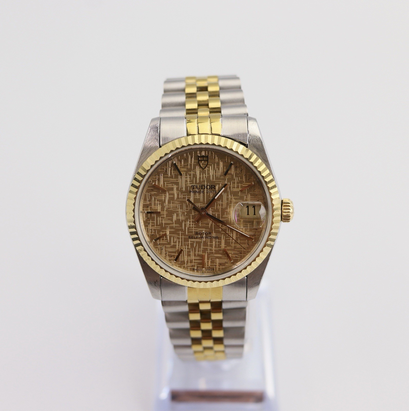Tudor Rolex Prince Date 74033 Gold Linen Dial 18K Crown Jubilee Watch Vintage