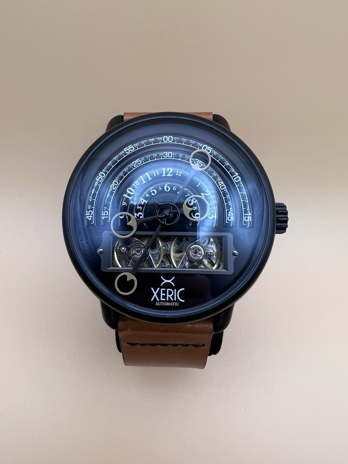 Xeric Halograph Automatic Men’s Watch Black Brown Leather Box Running 46mm