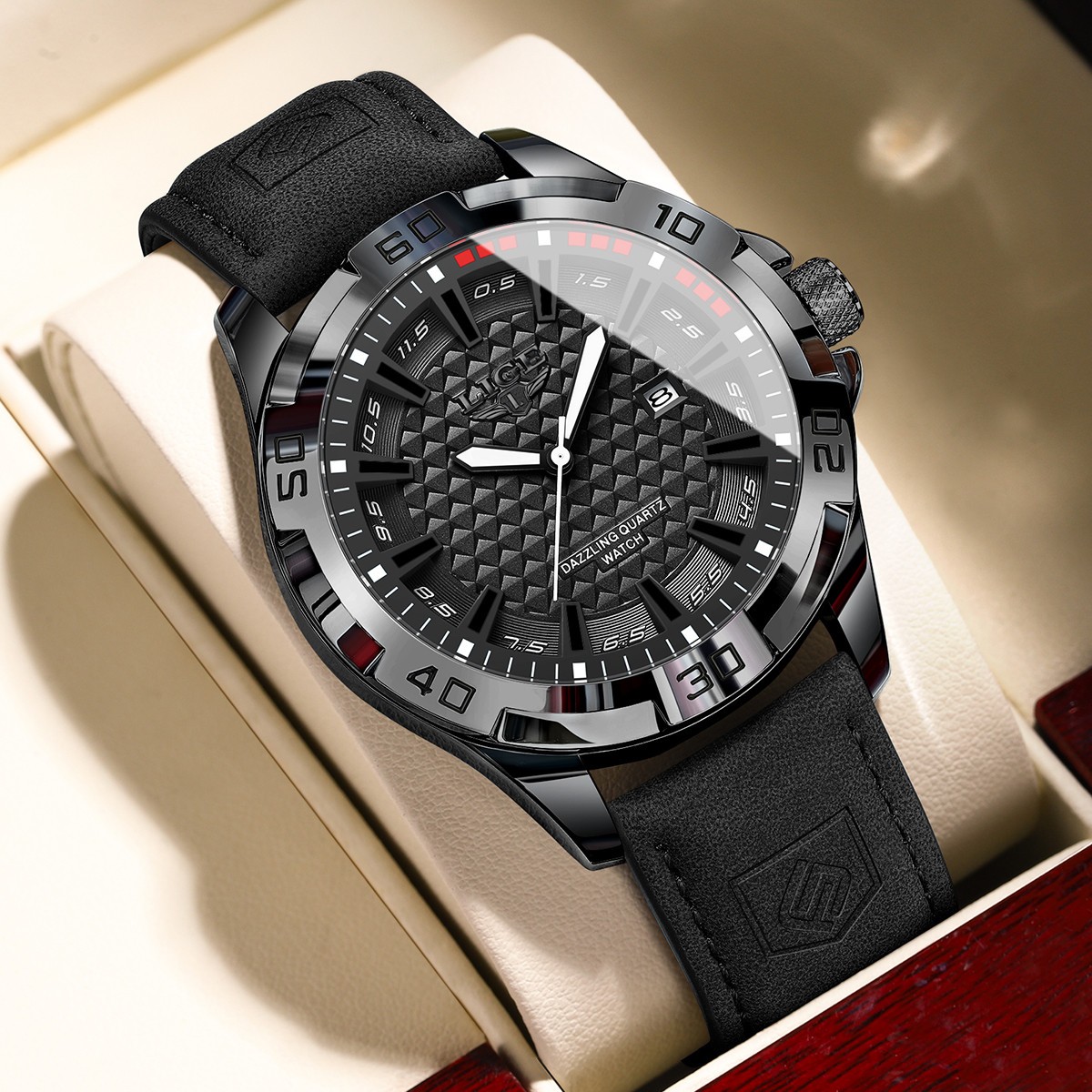 LIGE Men’s Watch Leather Watches Waterproof Luminous Quartz Date Man Wristwatch