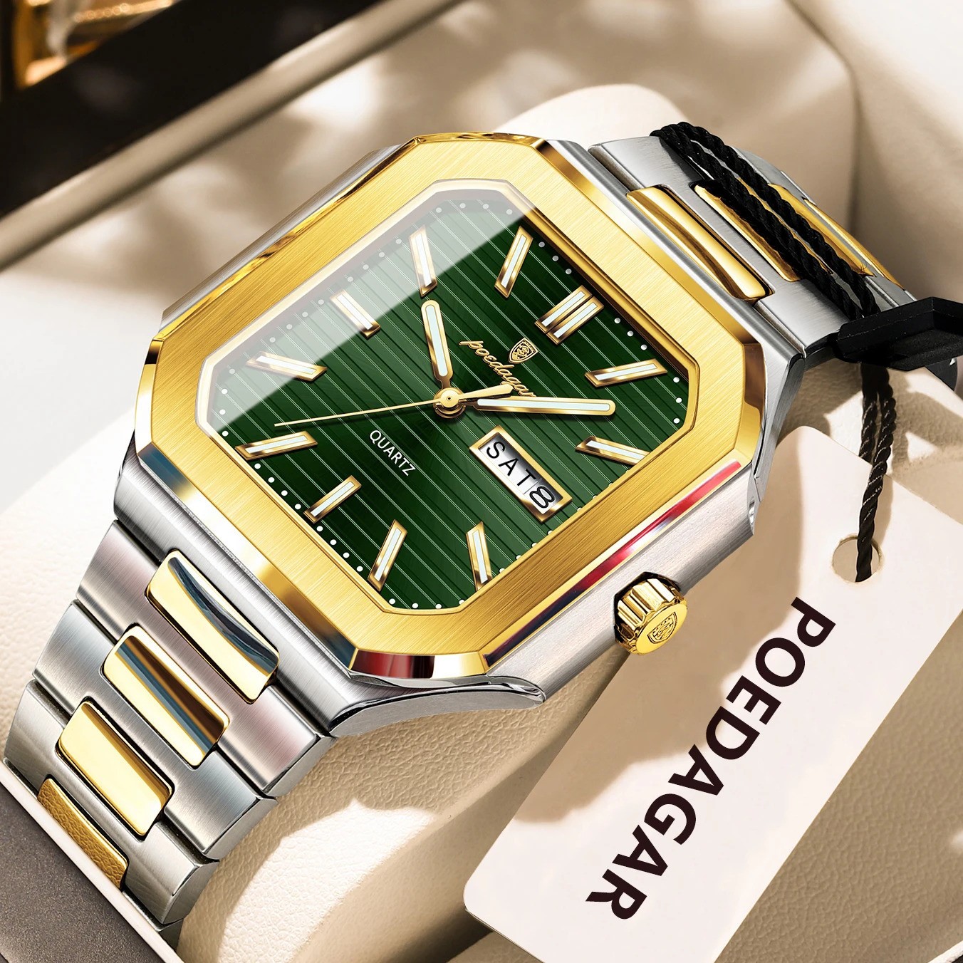 POEDAGAR Men’s Square Quartz Watch Stainless Steel Waterproof Luminous Day Date