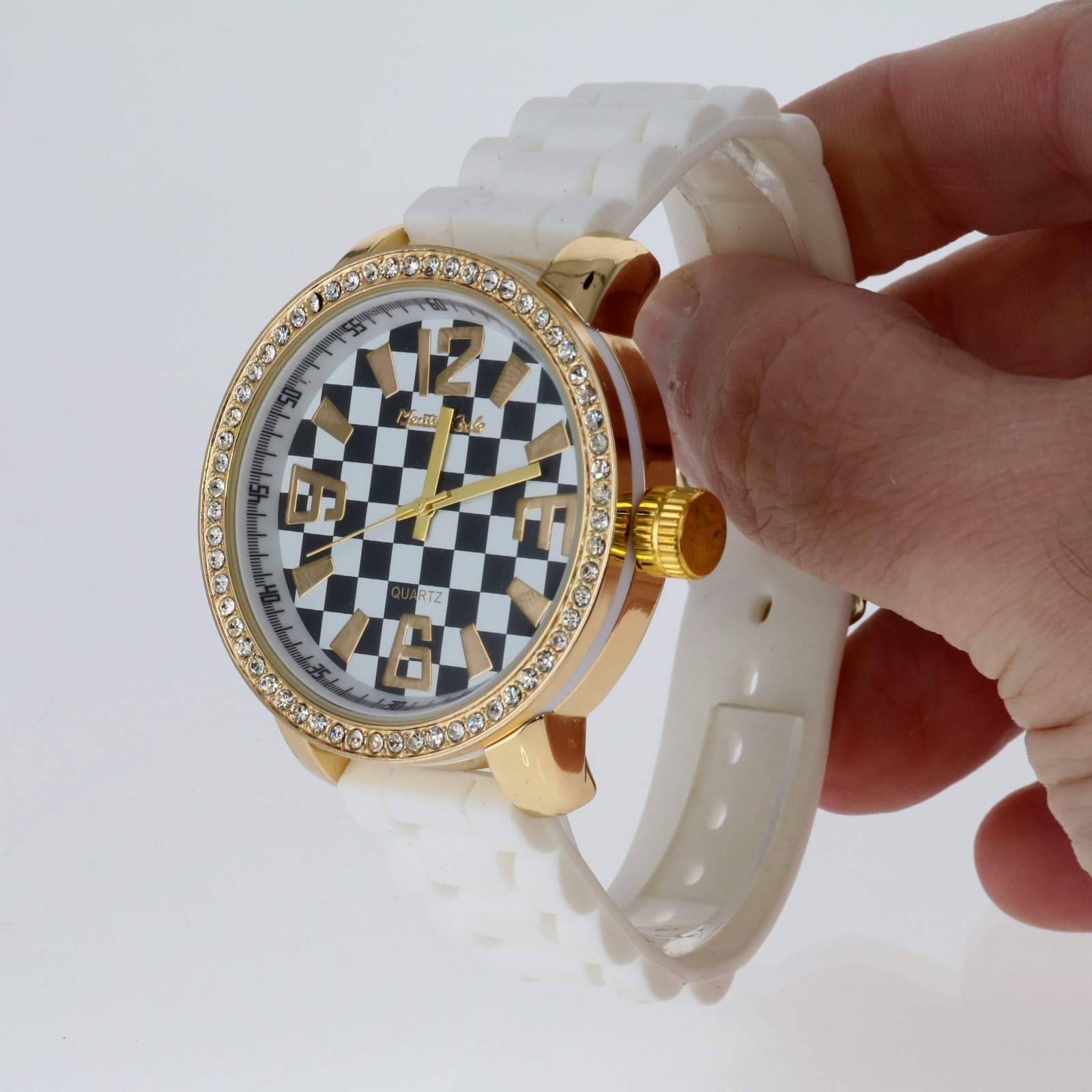 Montres Carlo Two Tone Chess Print Rhinestone on Bezel Watch Faux Leather Band
