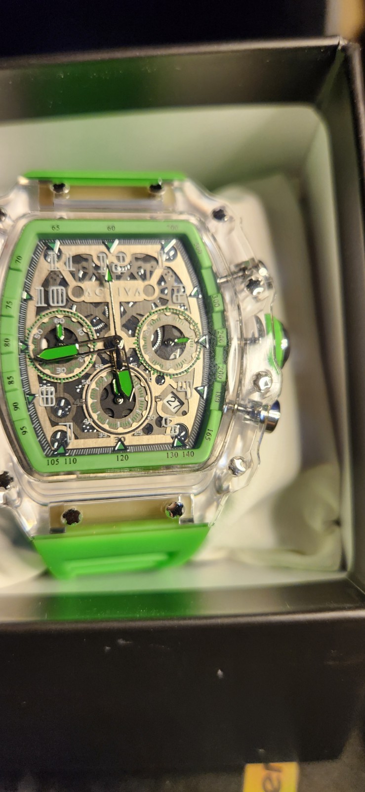 ACTIVA Men’s Quartz Chronograph Date Skeleton Dial Green Rubber Clear Case
