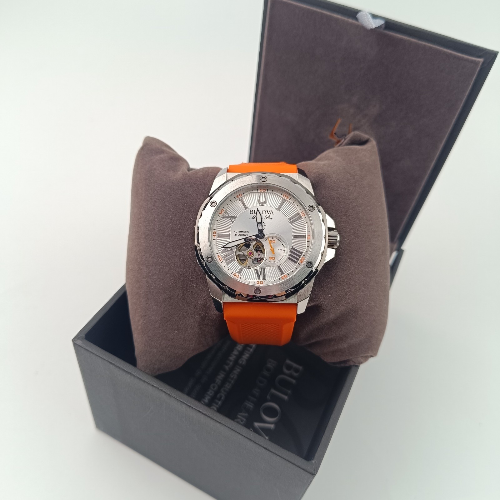 Bulova 98A226 Marine Star Automatic Watch White Dial Orange Rubber Strap