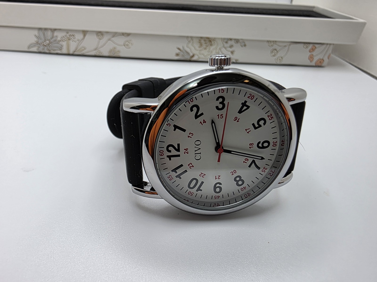 CIVO 8356 Quartz Analog Watch White Dial Black Silicone Strap 40mm 30m Box