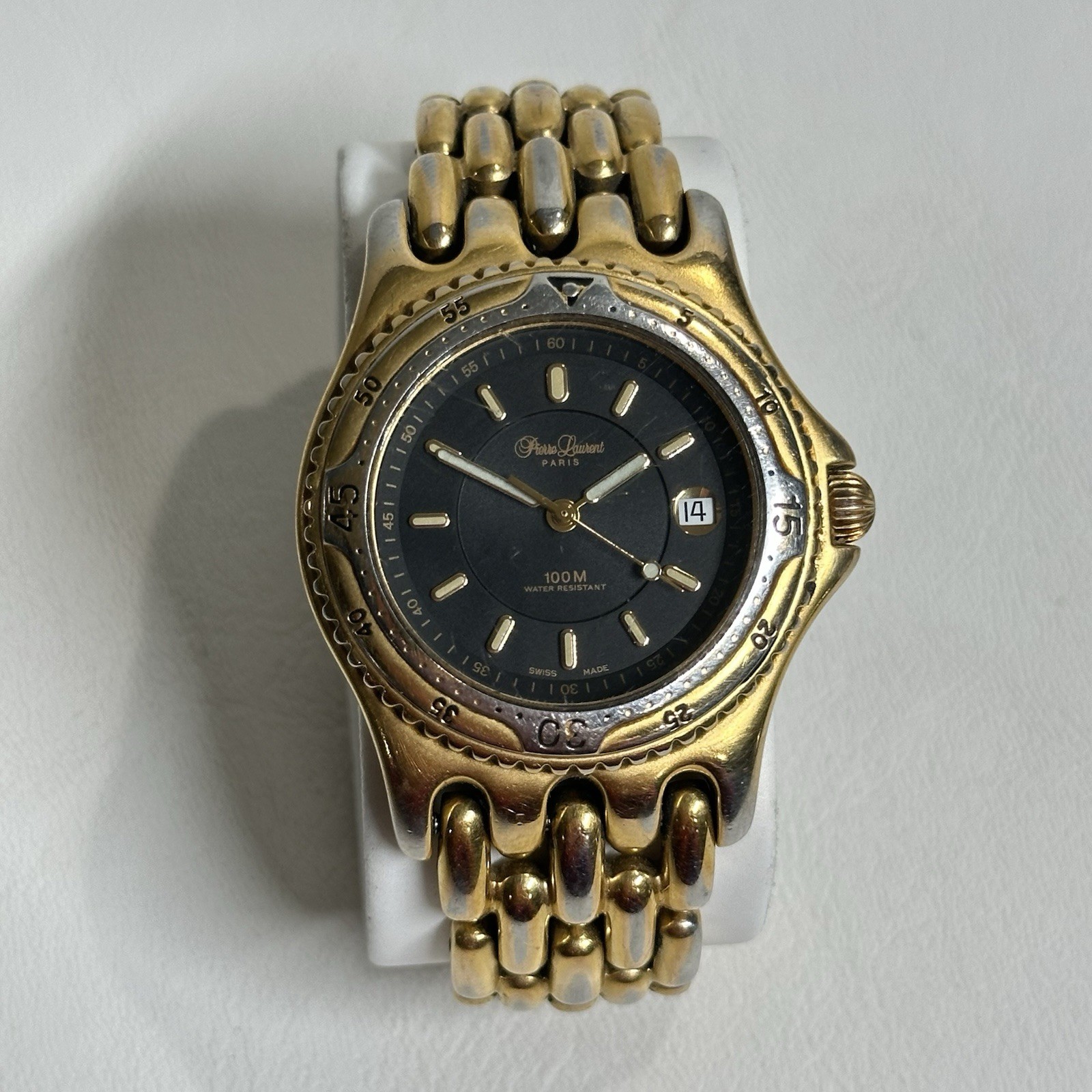Pierre Laurent Paris Swiss Made Wrist Watch 2 Tone Black Dial Screw Down Crown