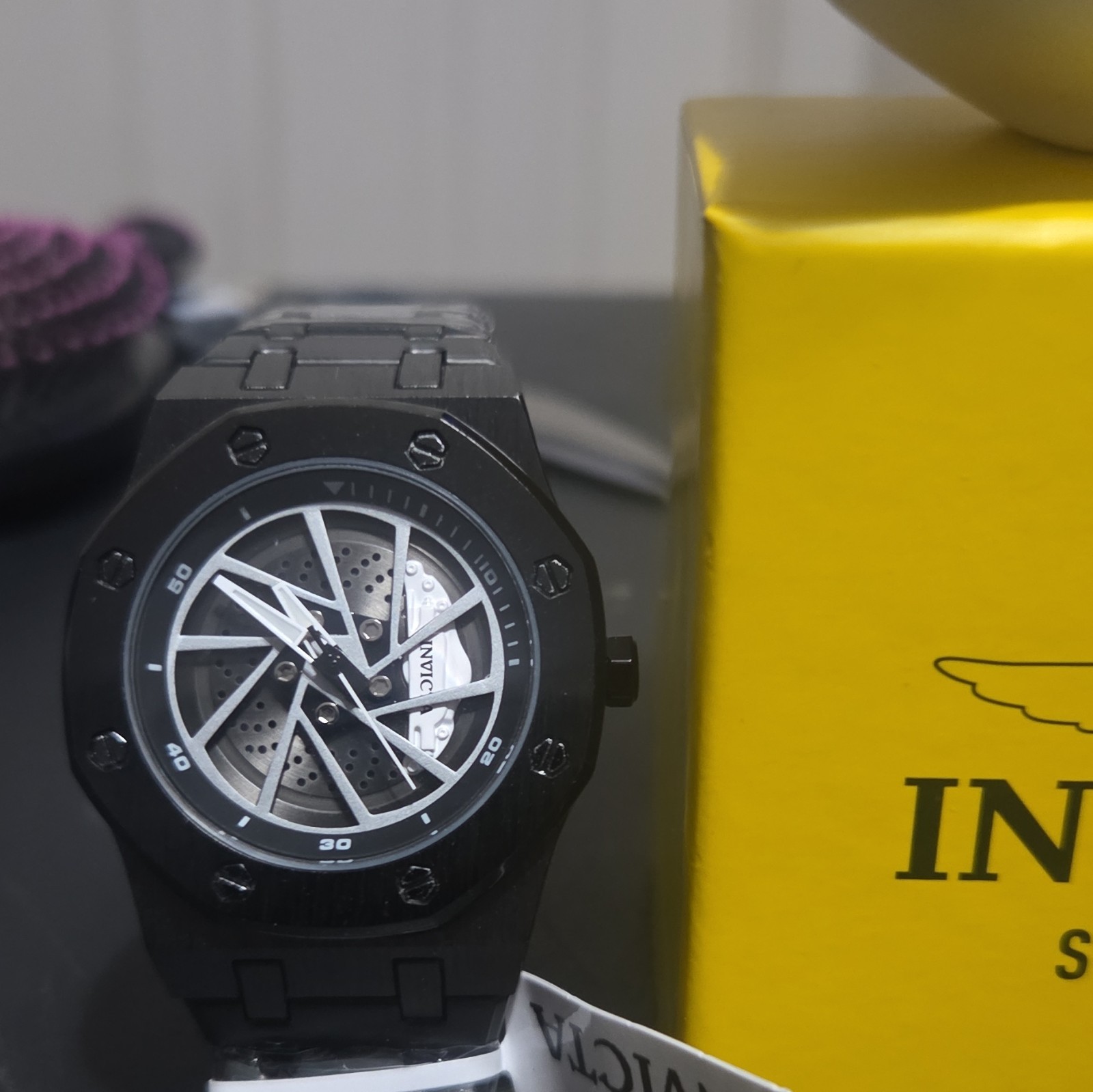 Invicta Men’s Skeleton Dial Quartz Black Stainless Steel Watch w/ Box