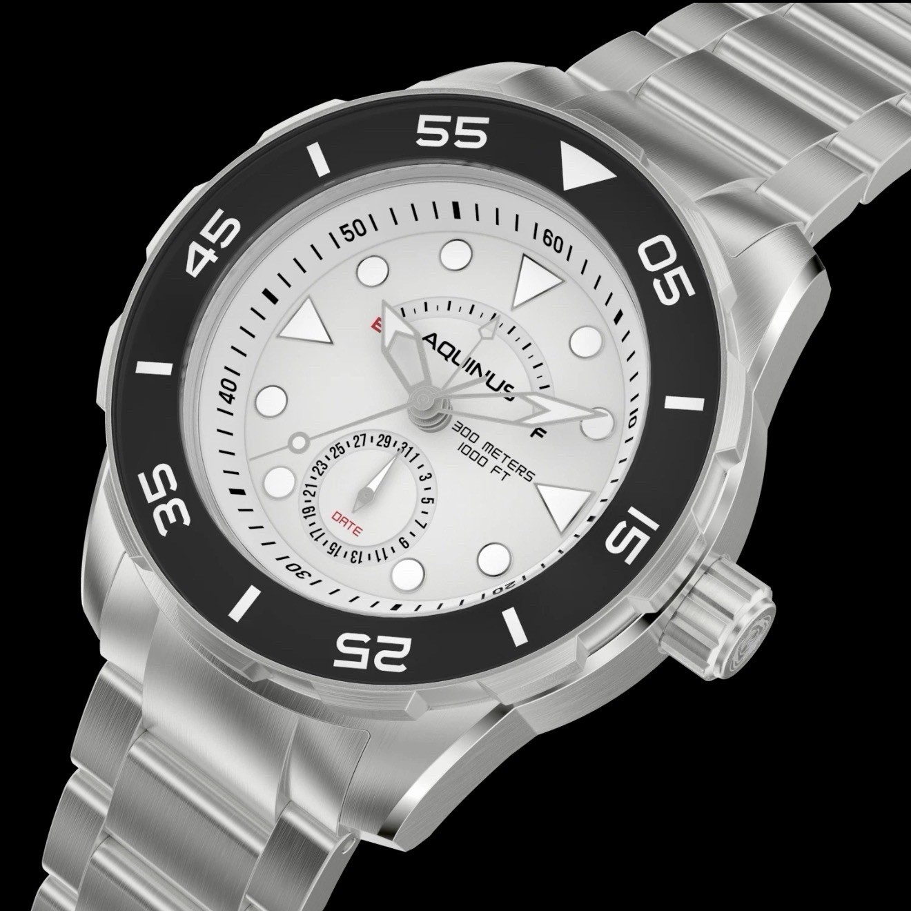 Aquinus Men’s Diver Quartz Date White Dial Black Bezel Steel Watch 300m