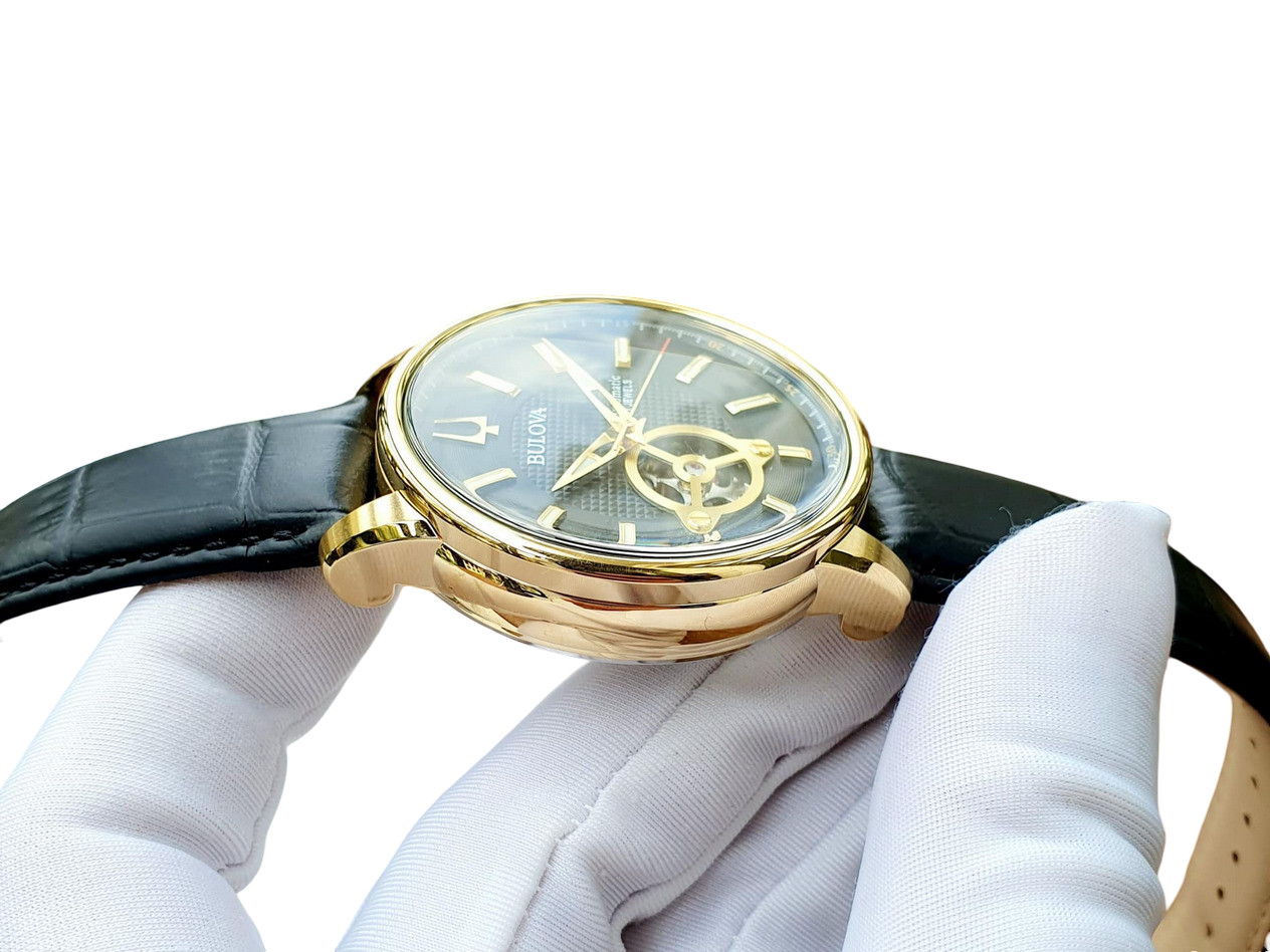 Bulova Automatic Gold Tone Black Dial Leather Band Men’s Watch 97A166