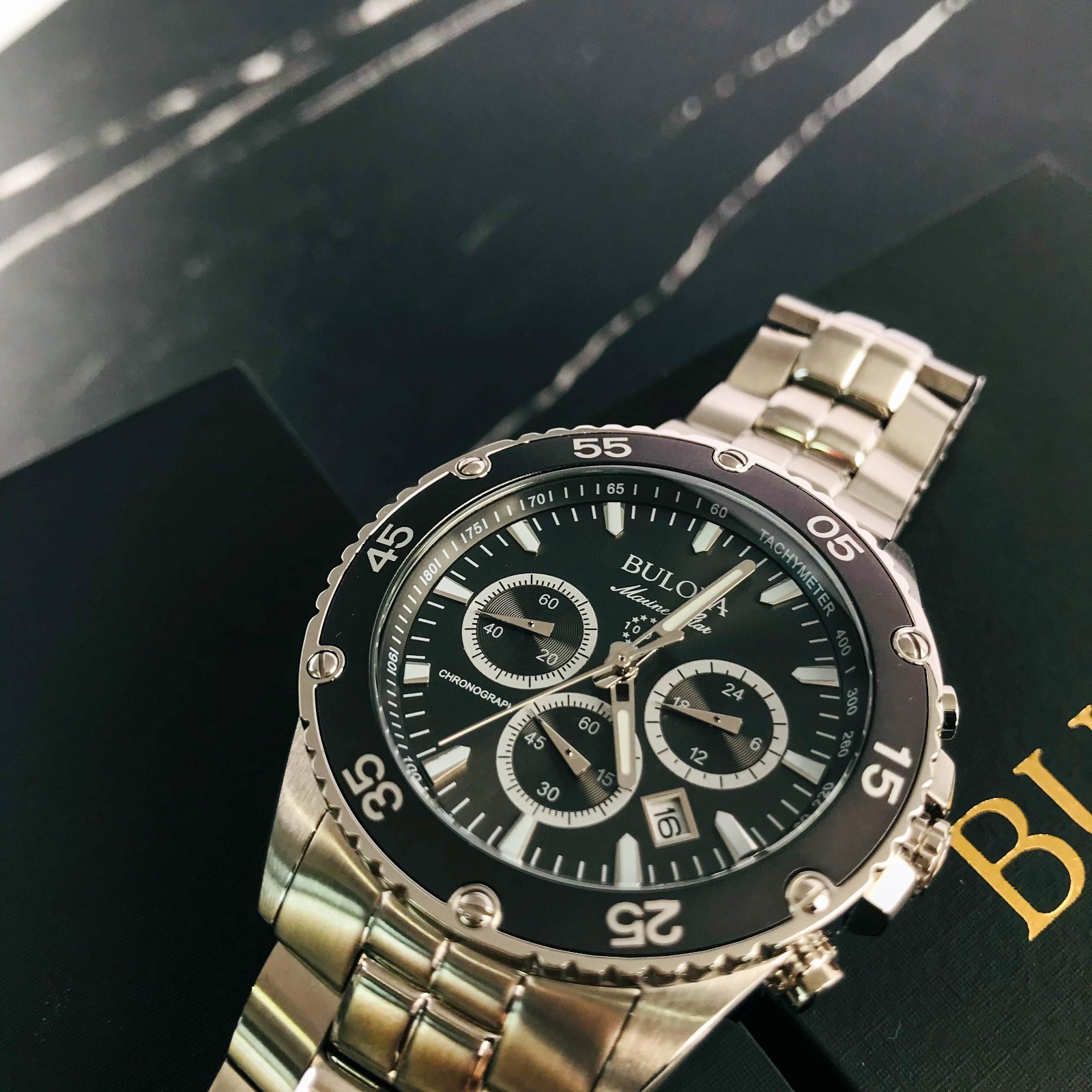 Bulova 98B401 Men’s Marine Star Quartz Chronograph Black Dial Steel Watch 41.5mm