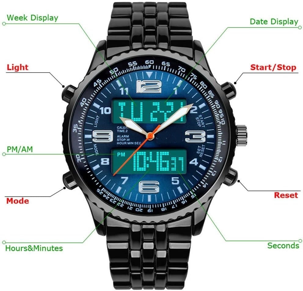 Reloj Digital y Analógico de Lujo para Hombres, de Acero Inoxidable,para Deport