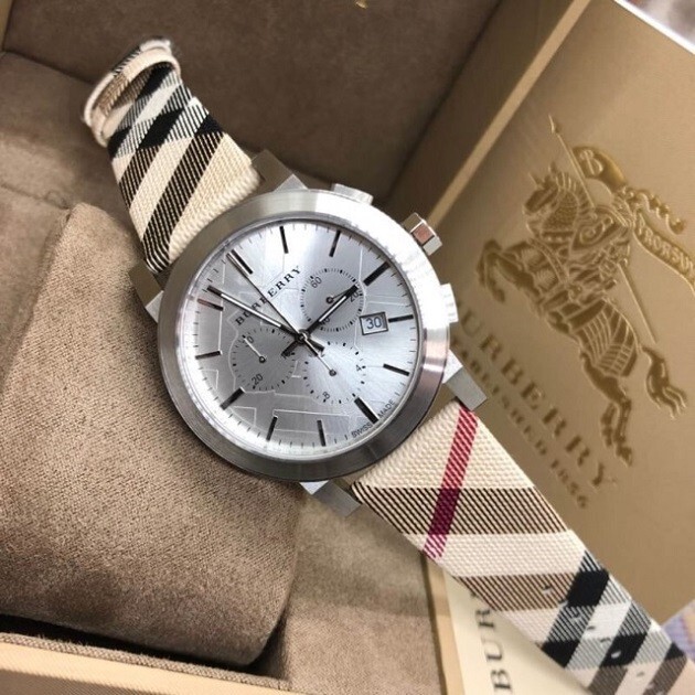 BURBERRY MENS WATCH MULTICOLOUR LEATHER AND FABRIC STRAP WITH SILVER DIAL BU9357