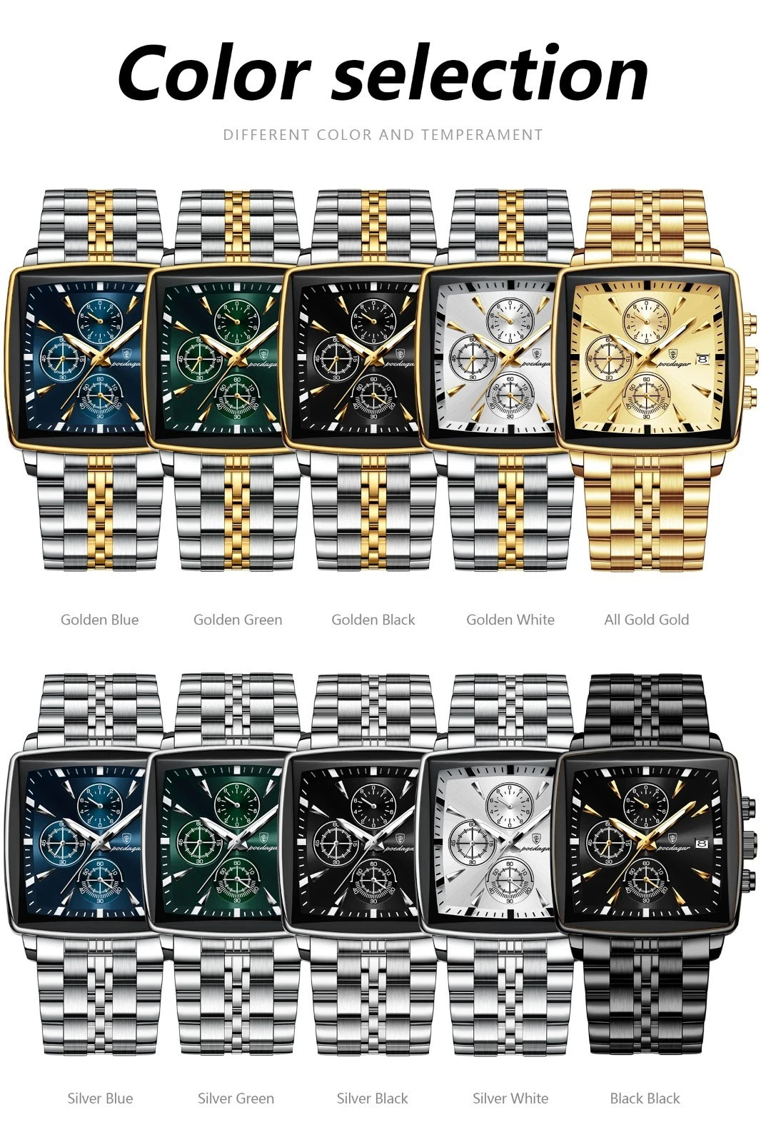 Luxury Men’s Watch Square Stainless Steel Waterproof Luminous Chrono