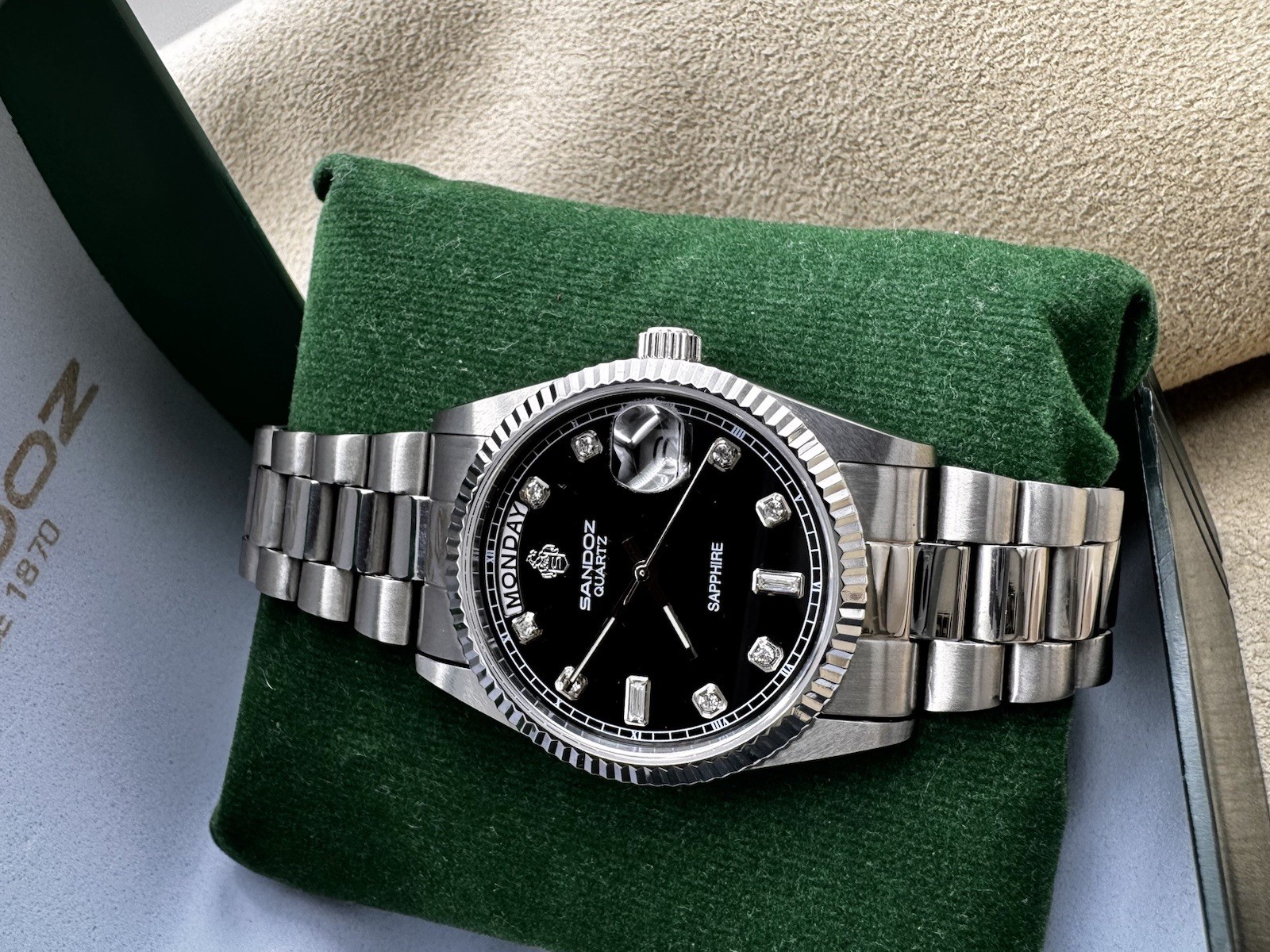 RARE SANDOZ QUARTZ PRESIDENT Silver Sapphire Diamond Black Dial Watch NO G2U