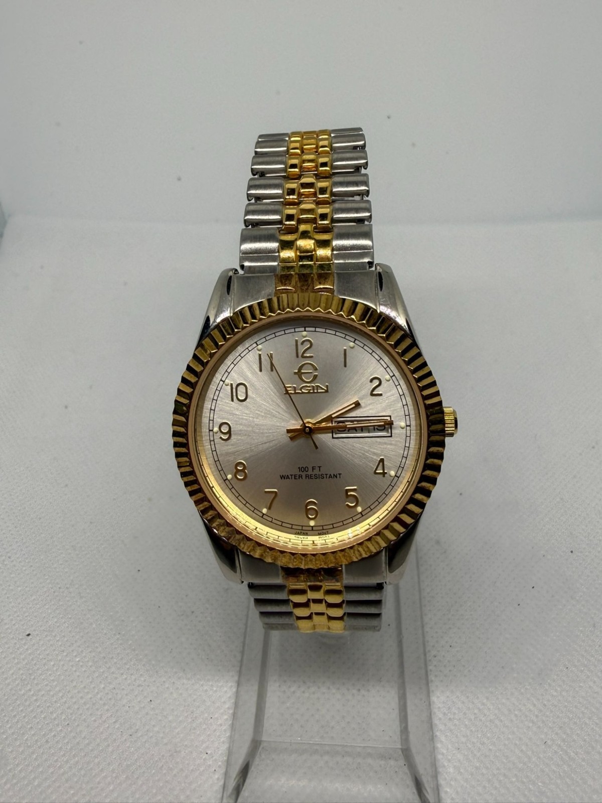 Elgin Men’s President-Style Day-Date Watch Two-Tone Fluted Bezel Silver Dial