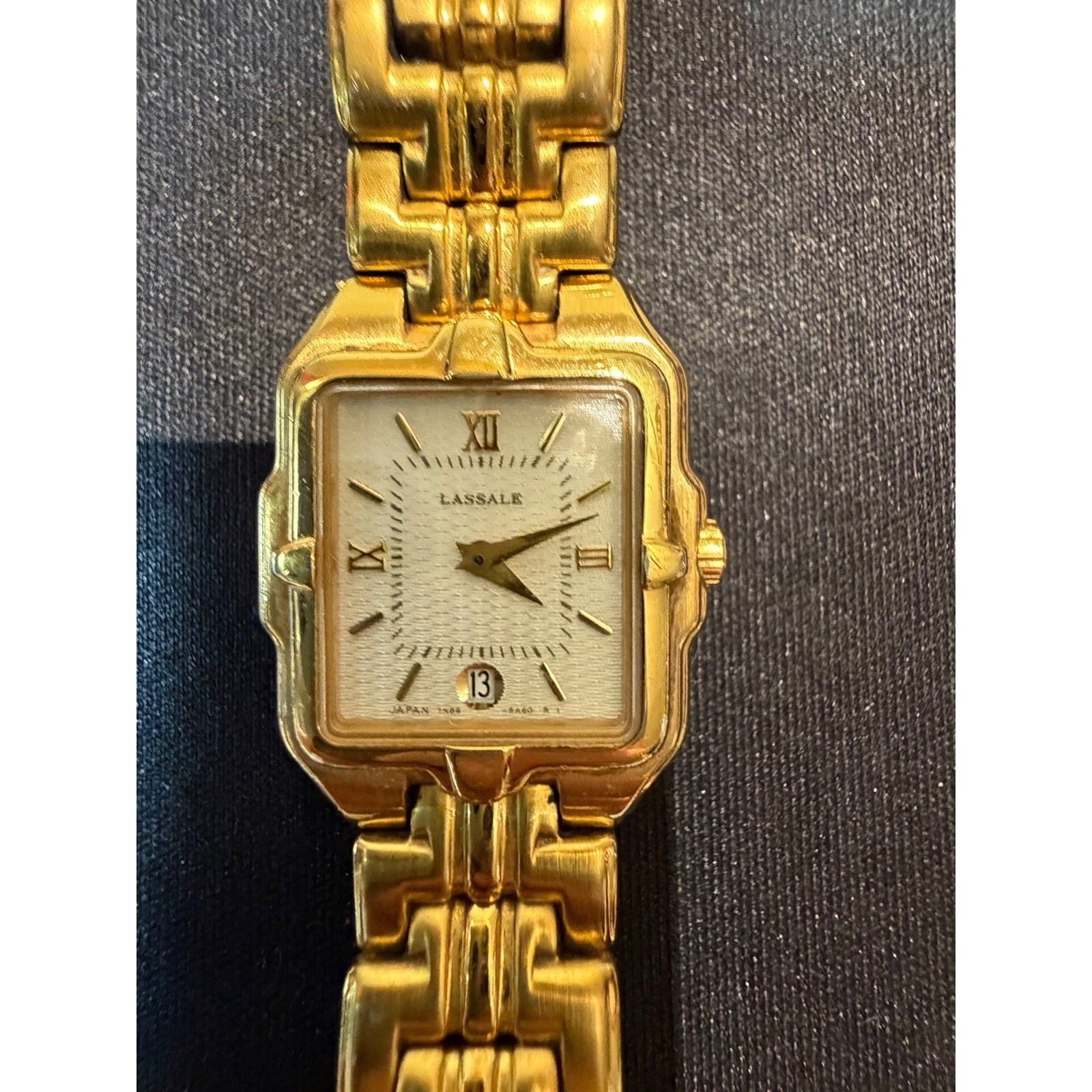 Lassale Seiko Gold Tone Square Face Watch 7N89-5A29 Date Sapphire Crystal 7in