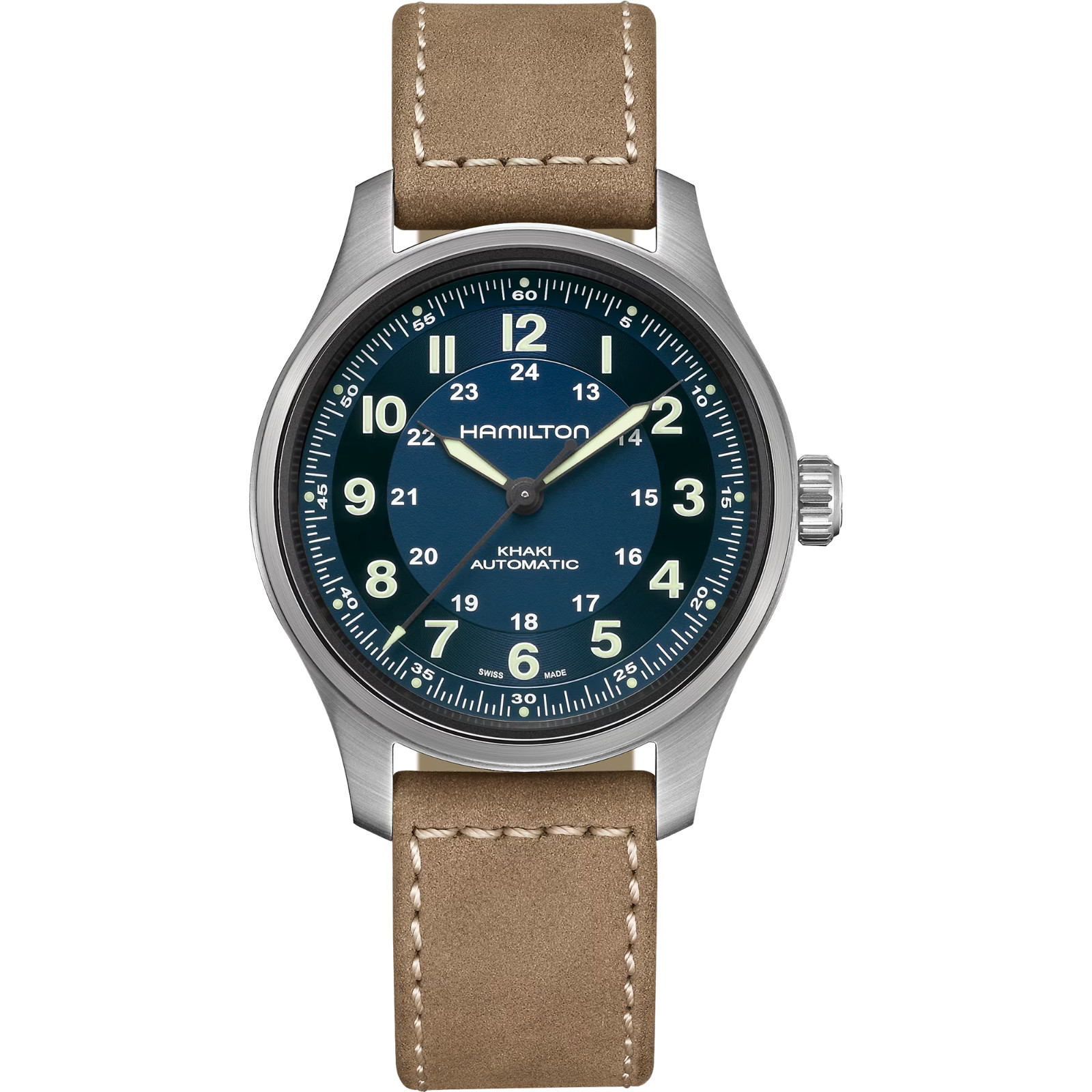 NEW HAMILTON KHAKI FIELD TITANIUM CASE BLUE DIAL BROWN LEATHER 42MM H70545540