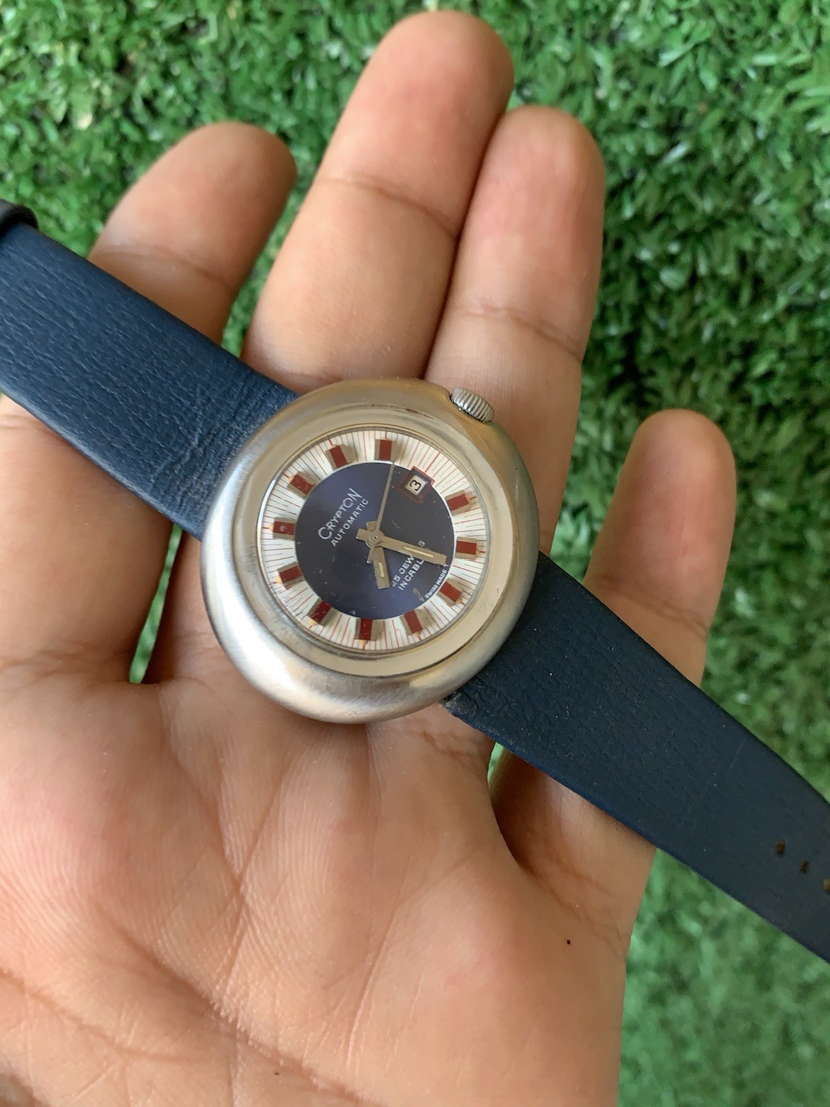 Crypton Automatic Mechanical Watch 25 Jewels Date Blue 37mm 1970s Vintage Red
