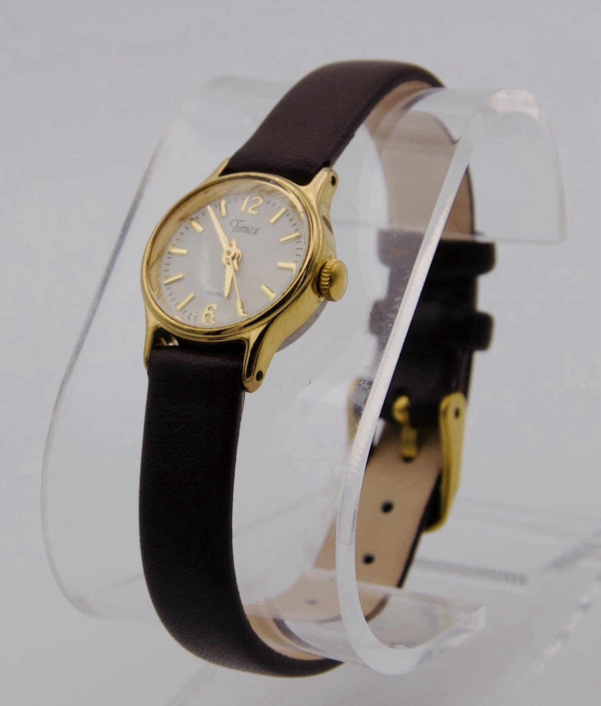 Vintage Timex Ladies Quartz Watch Gold Tone White Dial Brown Leather Band Runs
