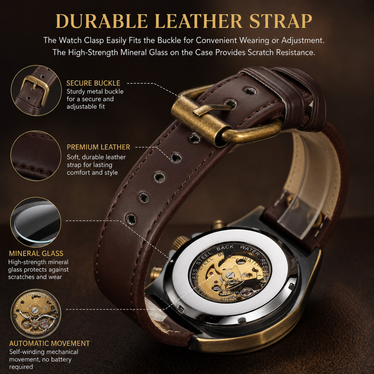 Men’s Luxury Automatic Mechanical Watch Skeleton Dial Leather Strap Retro