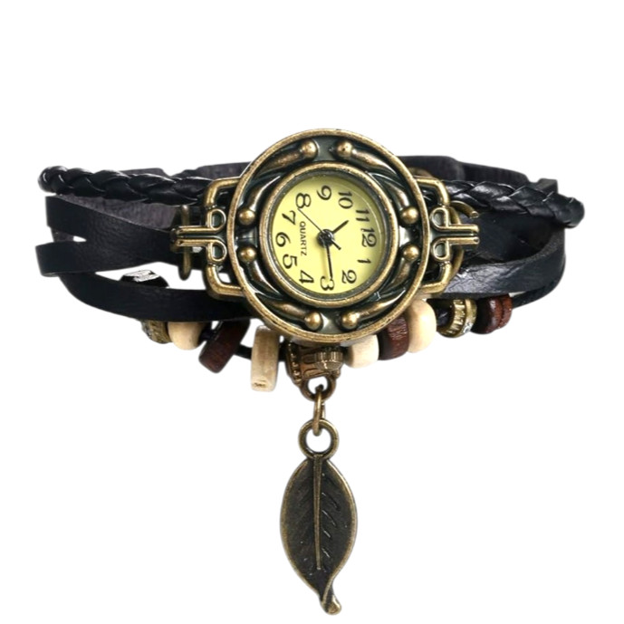 Boho Quartz Analog Watch Braided and Leather Band Leaf Charm Beads Snap Closure