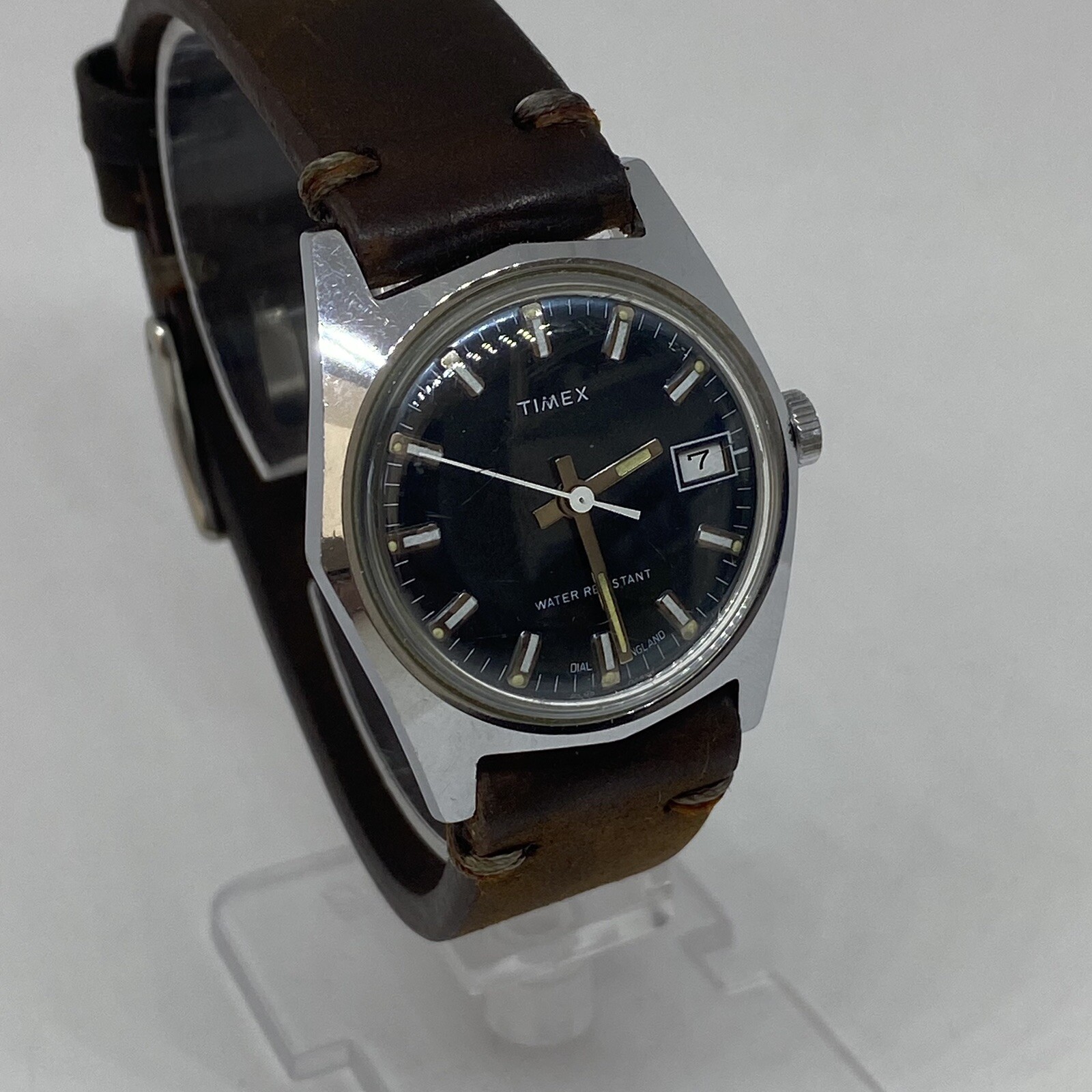 Timex Marlin Watch Mechanical England Blue Dial Rare Day Running W/ Leather Band