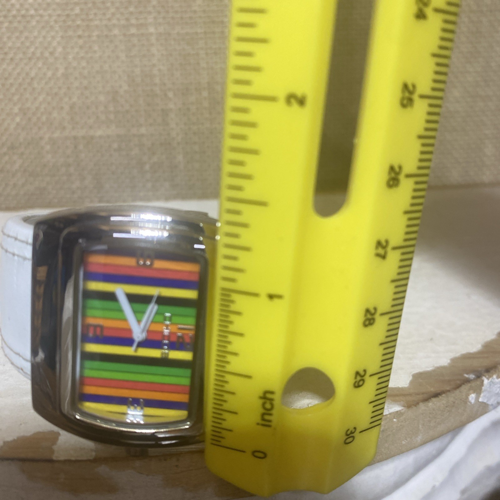 Chico’s Cuff Watch White Band Multicolor Striped Face, Rainbow Face