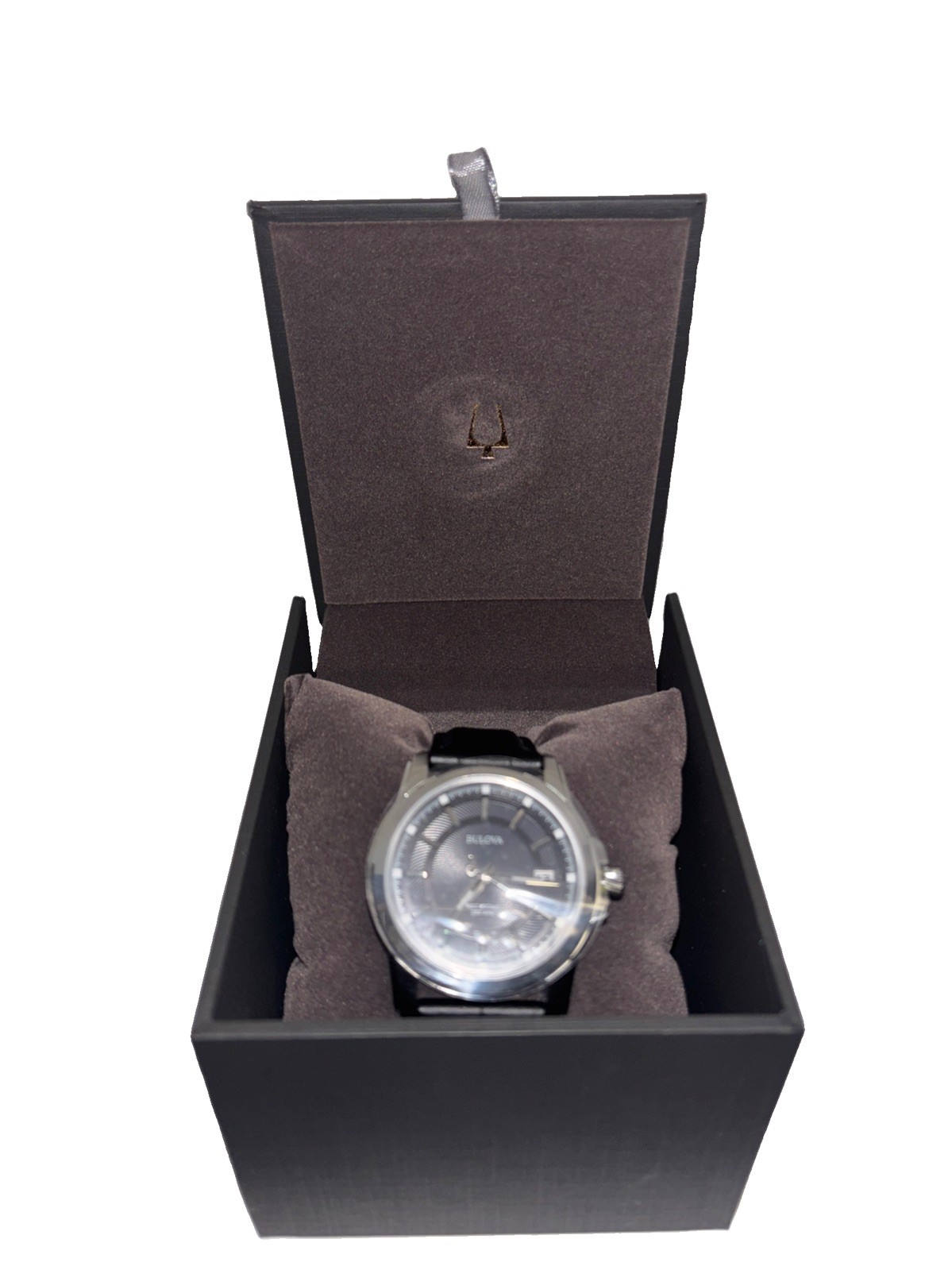 Bulova Precisionist Gray Dial Silver Tone Black Leather Band Men’s Watch 96B158
