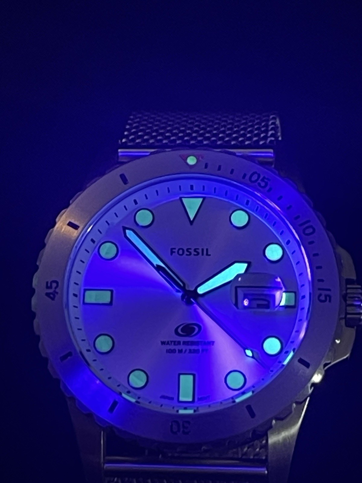 Fossil FS5948 Blue Diver Silver Sunburst Mesh Watch 100M NOS Box Tag Quartz 42mm