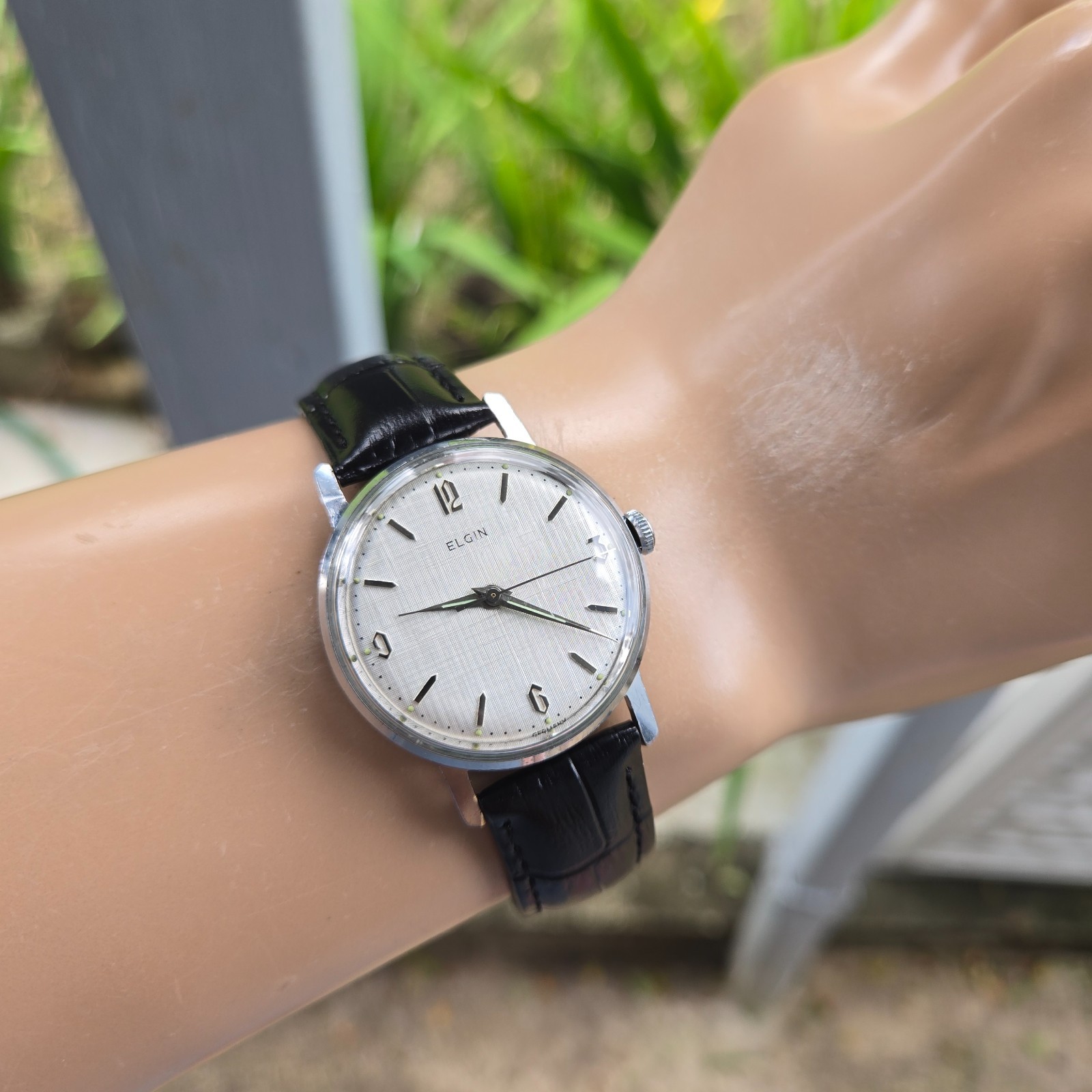 Vintage ELGIN men’s manual wind watch Linen dial Germany 1960s