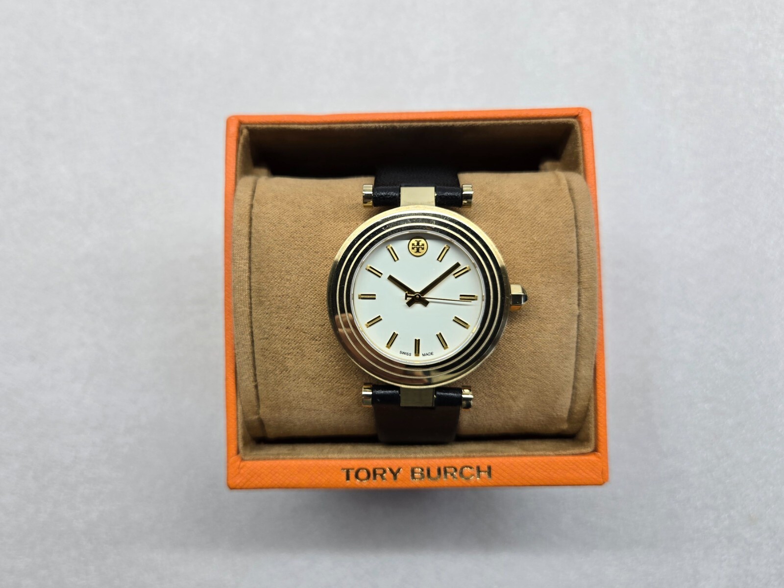 TORY BURCH CLASSIC T IVORY DIAL BLACK LEATHER STRAP WOMEN’S WATCH TB9003 NEW