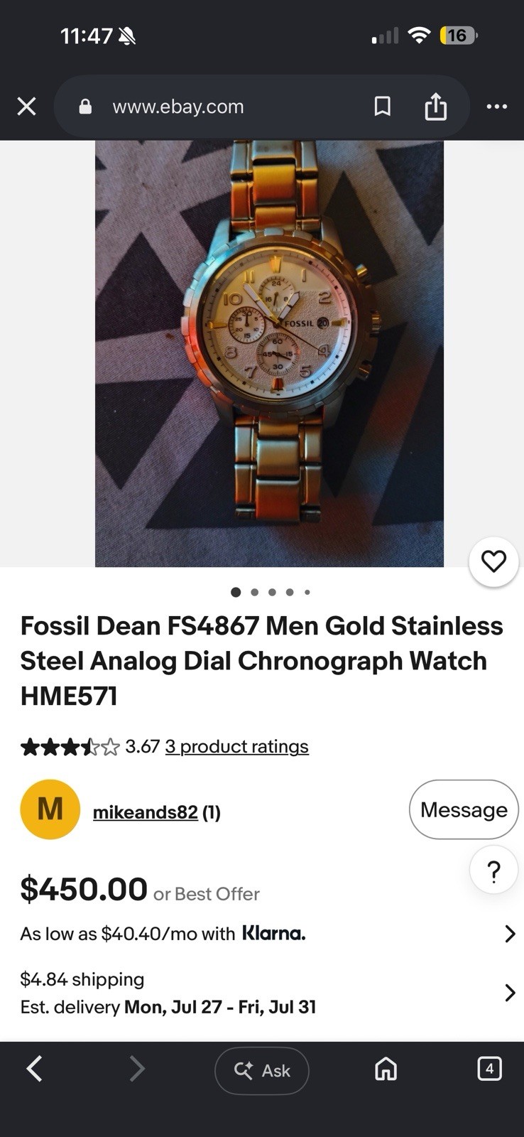 Fossil Dean FS4867 Men’s Chronograph Quartz Gold Stainless Steel 45mm 50m