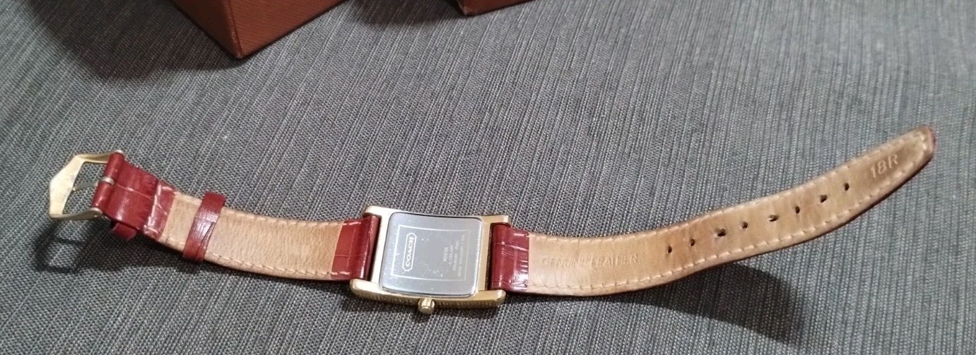 Coach Tank Style Quartz Watch W503B Date Window Brown Crocodile Embossed Leather
