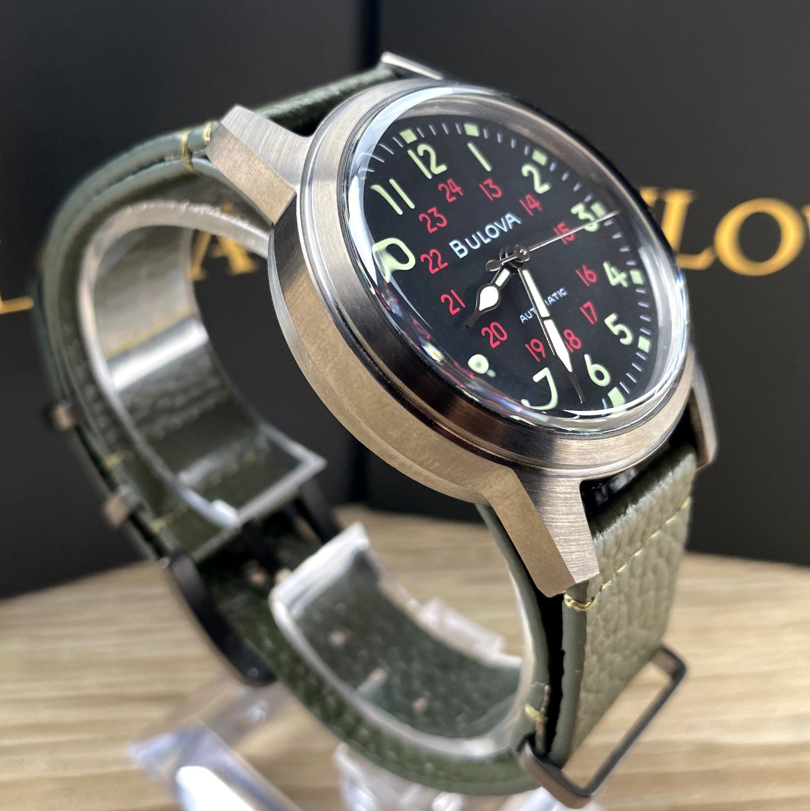 Bulova Hack 98A255 Black Dial Green Leather Strap Automatic Men’s Watch