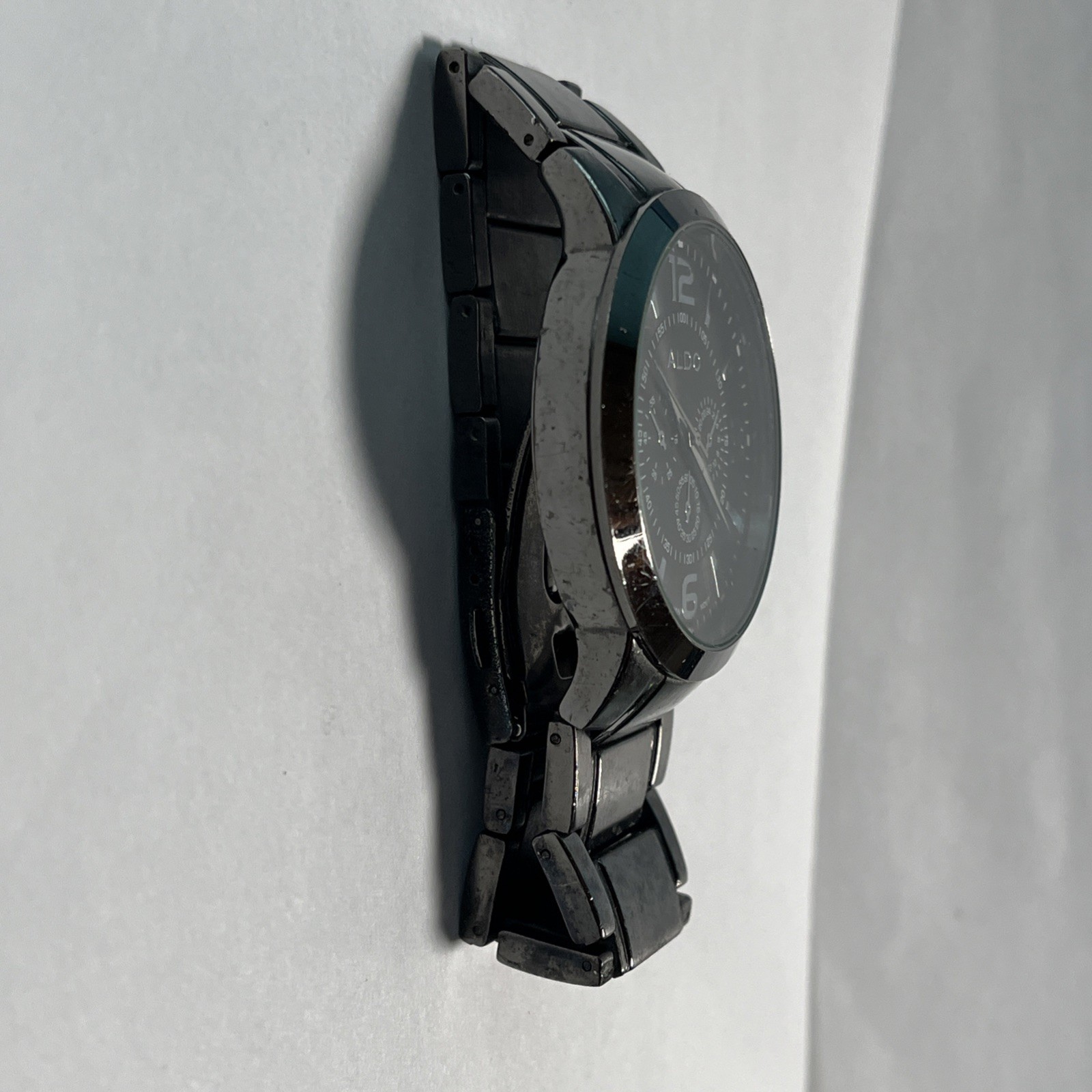 Aldo Men’s Black Chrome Stainless Bracelet Watch Lrg. Face Japan Movement #1210
