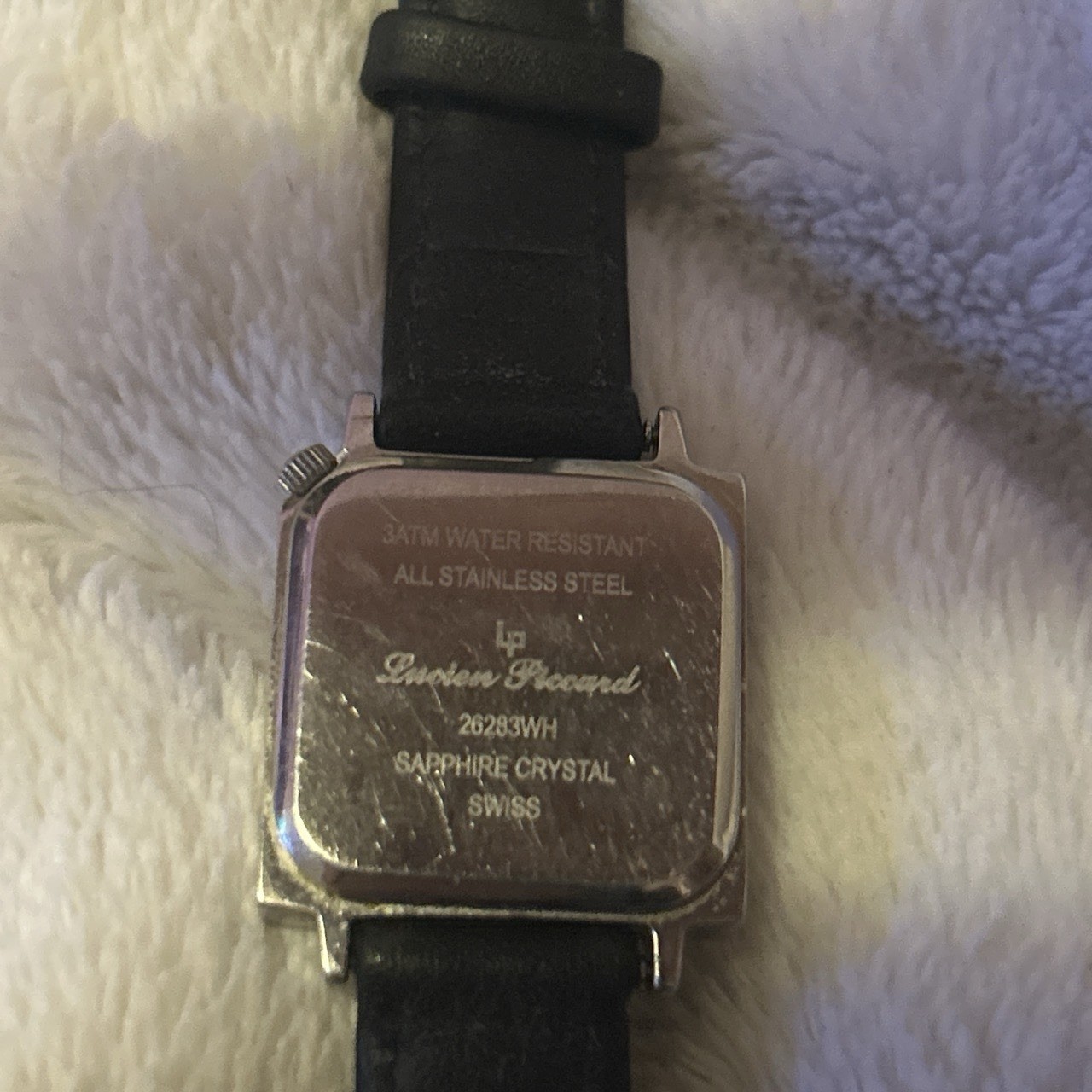 Lucien Piccard Square Stainless Steel Watch Black Leather Sapphire – not running
