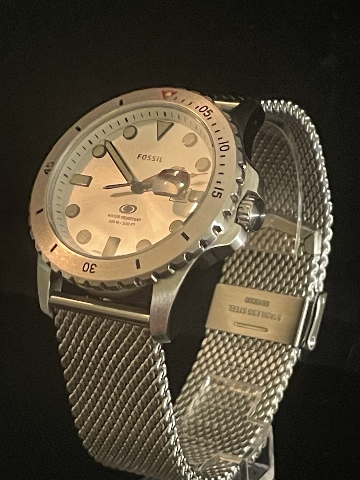 Fossil FS5948 Blue Diver Silver Sunburst Mesh Watch 100M NOS Box Tag Quartz 42mm