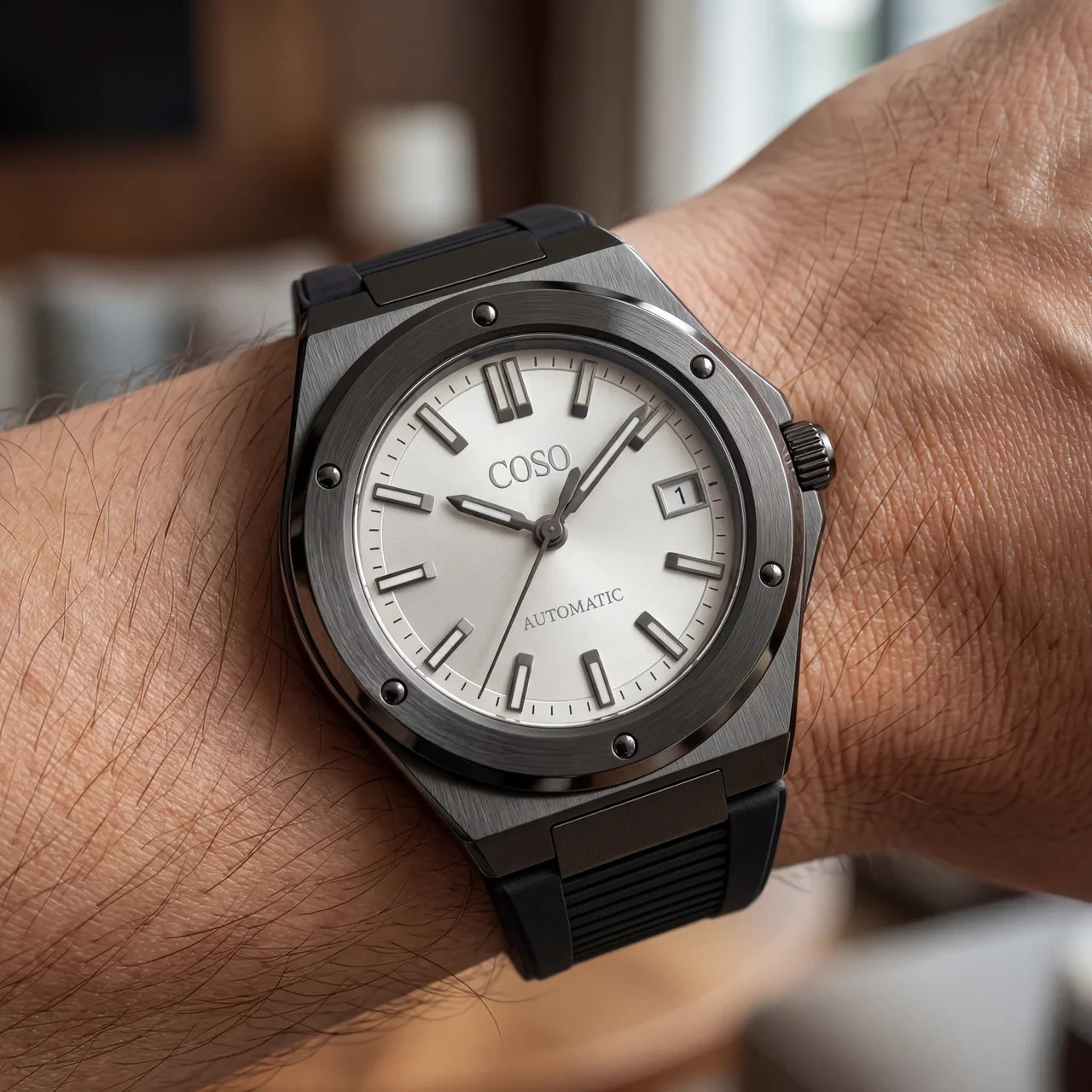 COSO Valtor Automatic Silver Dial Gunmetal Black Rubber Strap