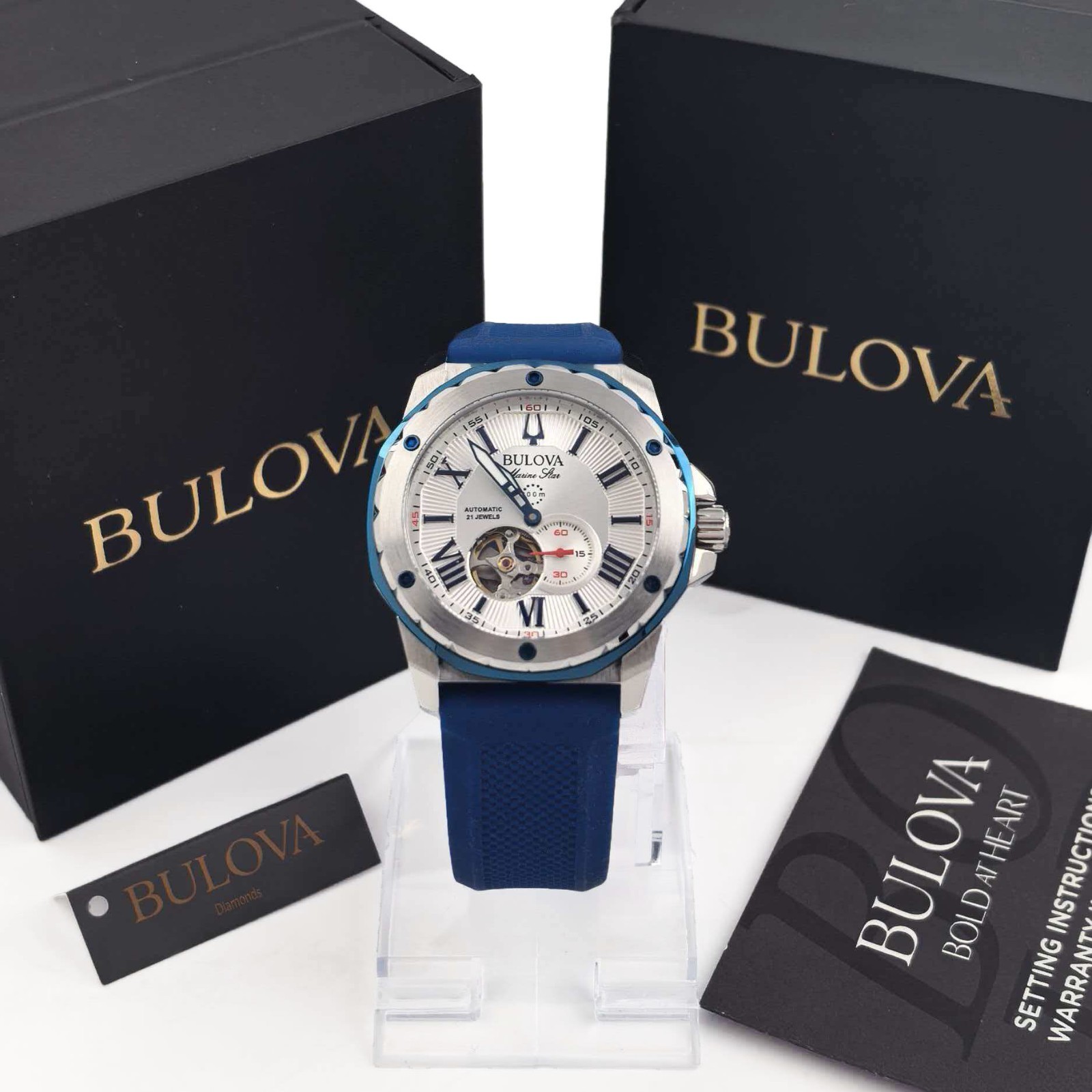 Bulova 98A225 Marine Star Men’s Silver-Tone Dial Silicone Band Men’s Watch 45mm