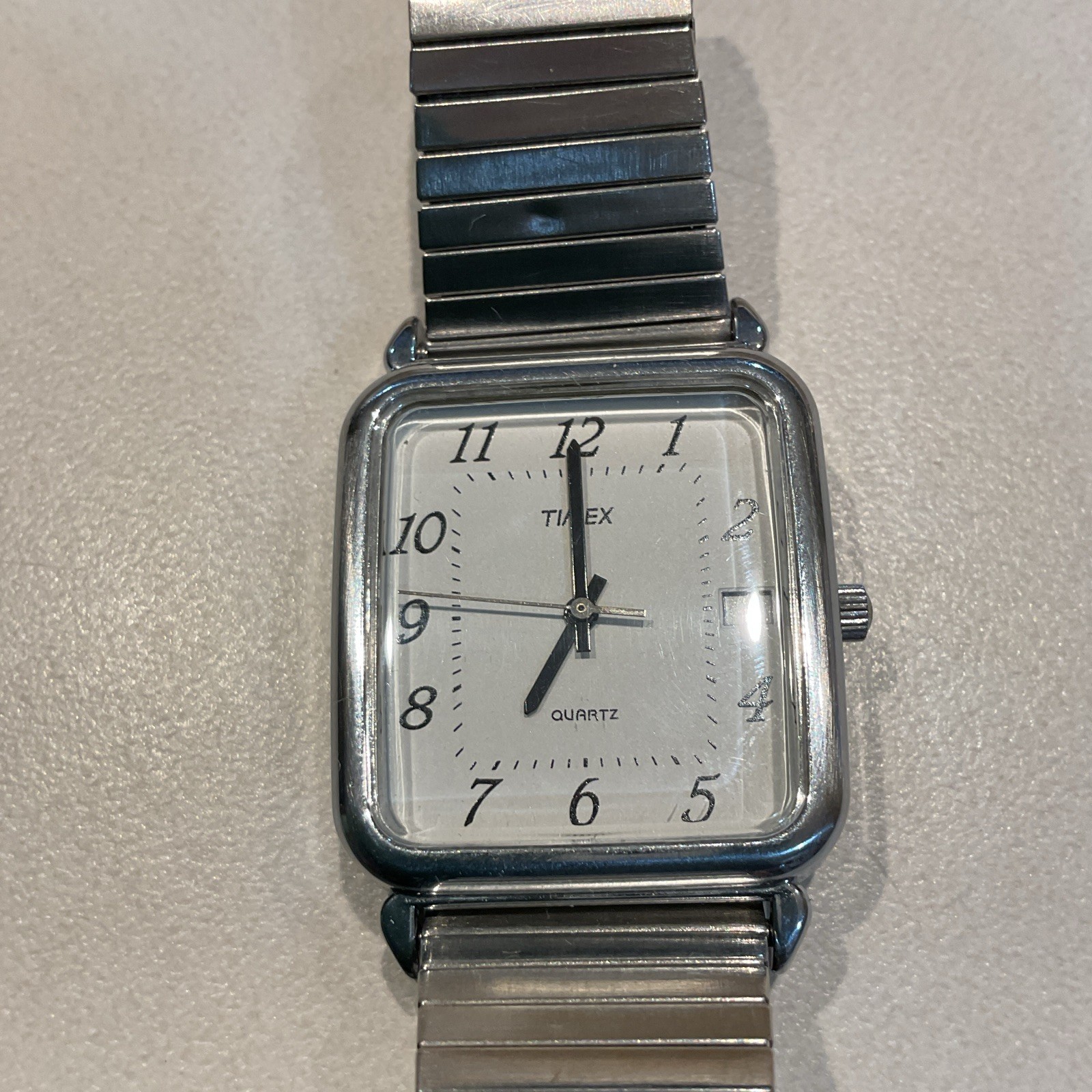 Timex LA Cell Quartz Analog Date Square Watch White Dial Arabic Silver 25mm