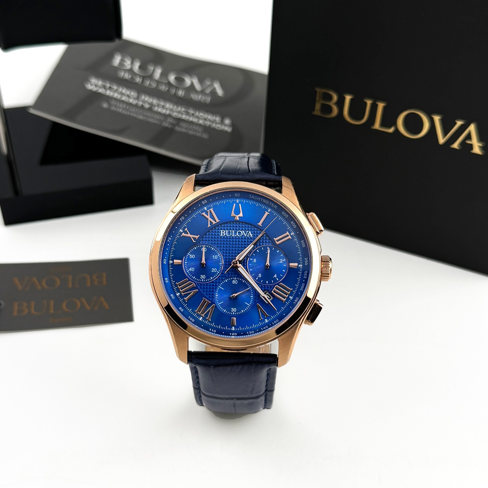 Bulova Wilton 97B170 Chronograph Quartz Blue Dial Leather Strap Men’s Watch