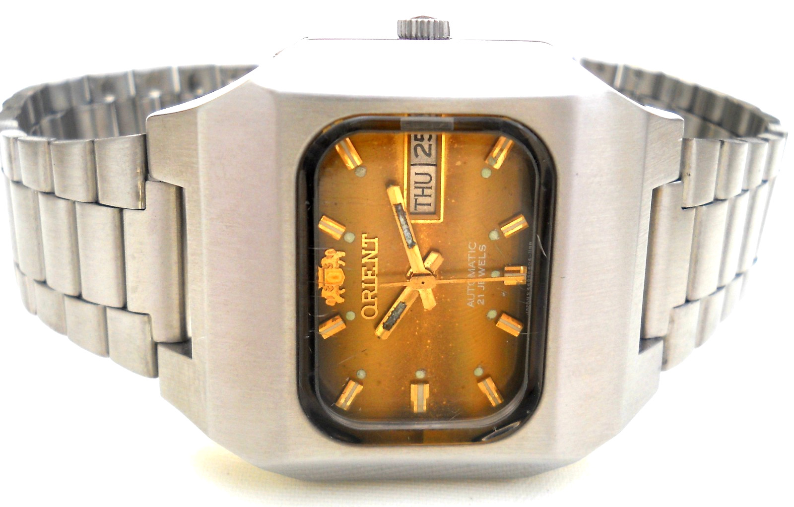 Vintage Orient 3 Star Automatic Watch Amber Gold Sunburst Dial TV Case 21J Rare