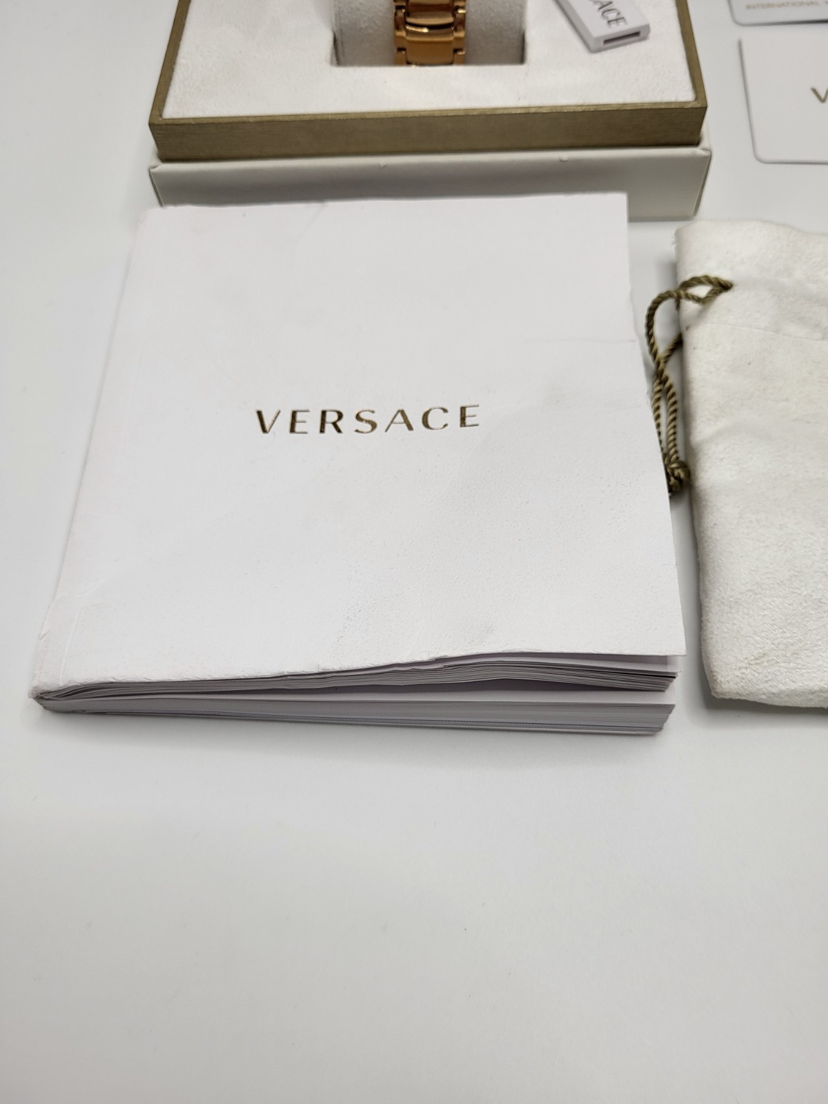 SWISS [NEW] 38mm Versace Leda Women’s Gold Guiloche Dial Roman Watch Box & Paper