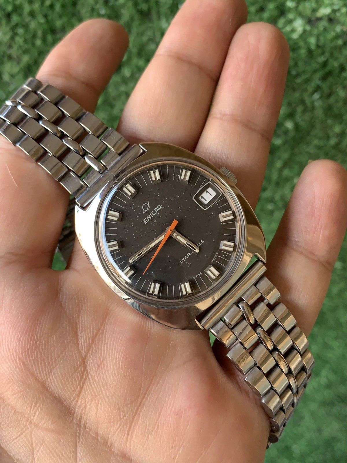 Vintage Enicar Ocean Pearl Watch Stainless Steel Star Jewels Dial 36mm Men 1960s
