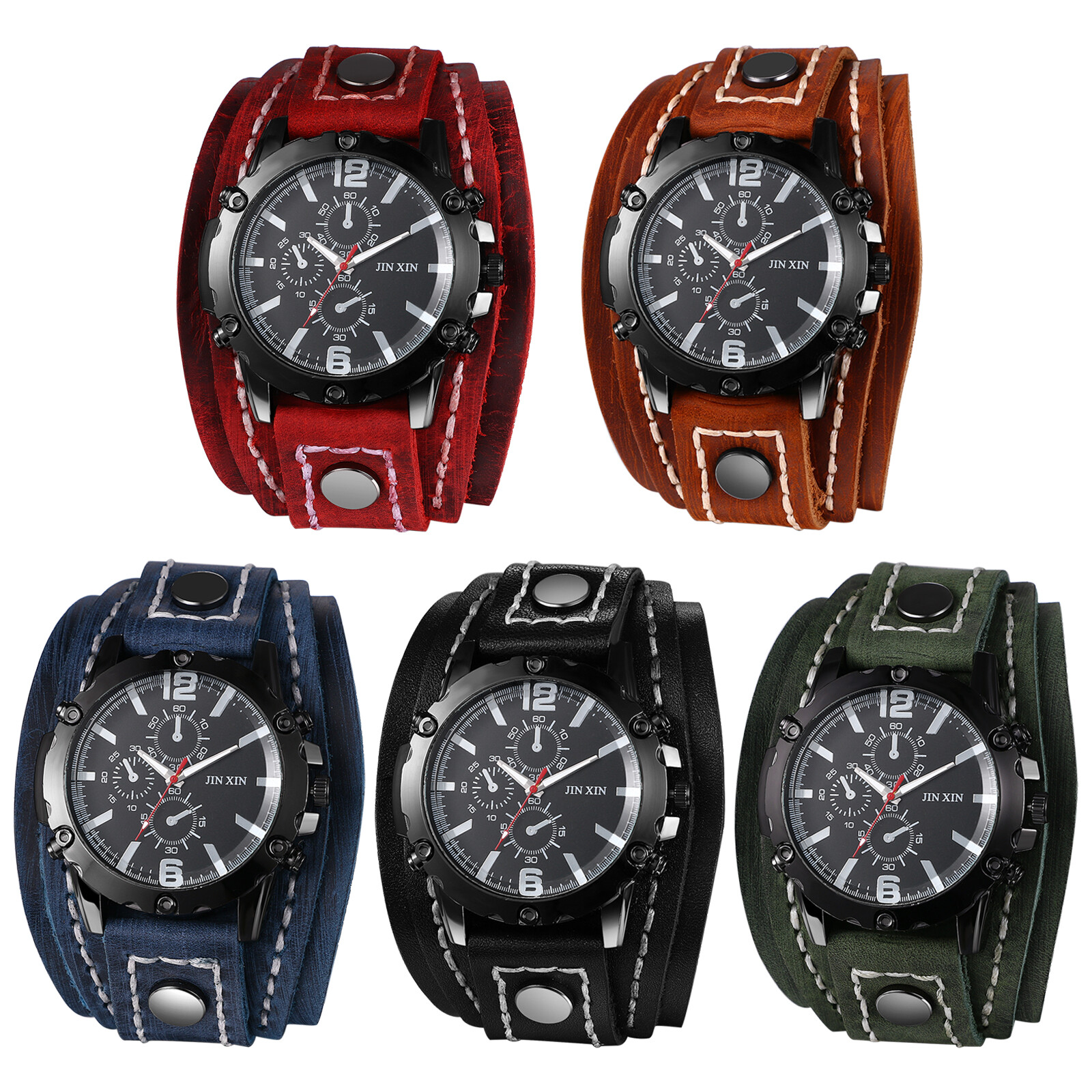 Men’s Steampunk Analog Quartz Wide Genuine Leather Strap Decorative Wrist Watch