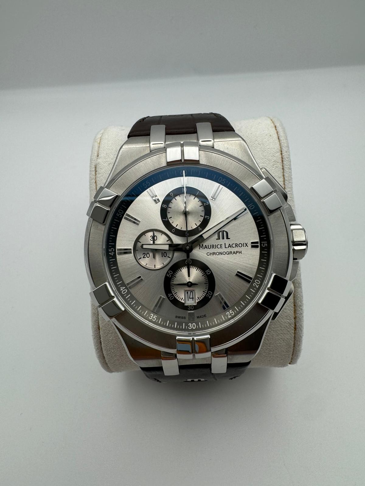 Men’s Maurice Lacroix Aikon Chronograph Watch 46mm Brown Leather Strap Al1018