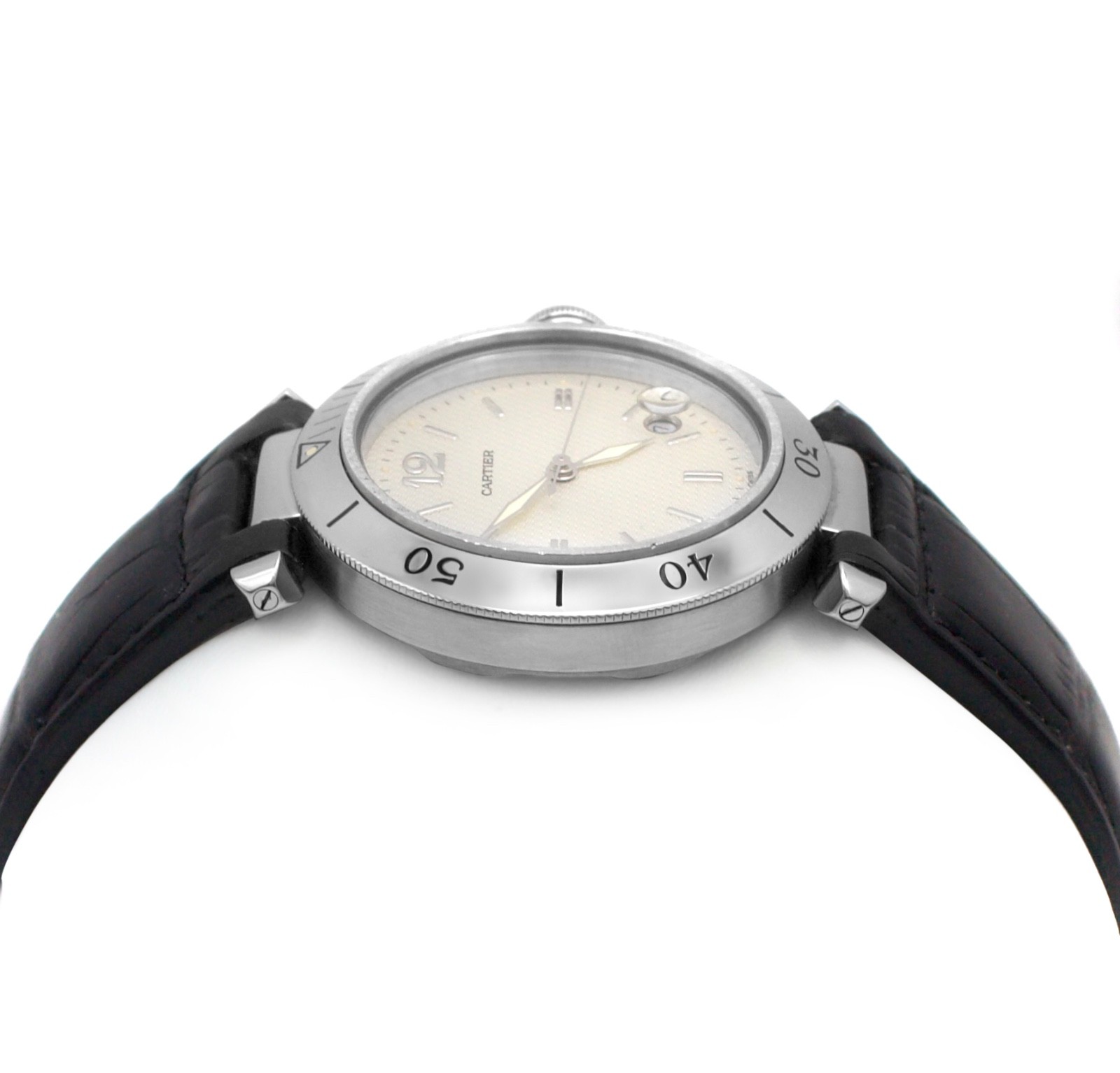 Cartier Pasha 1040 Auto 38m Ivory Dial Stick Date Black Leather Band Steel Watch